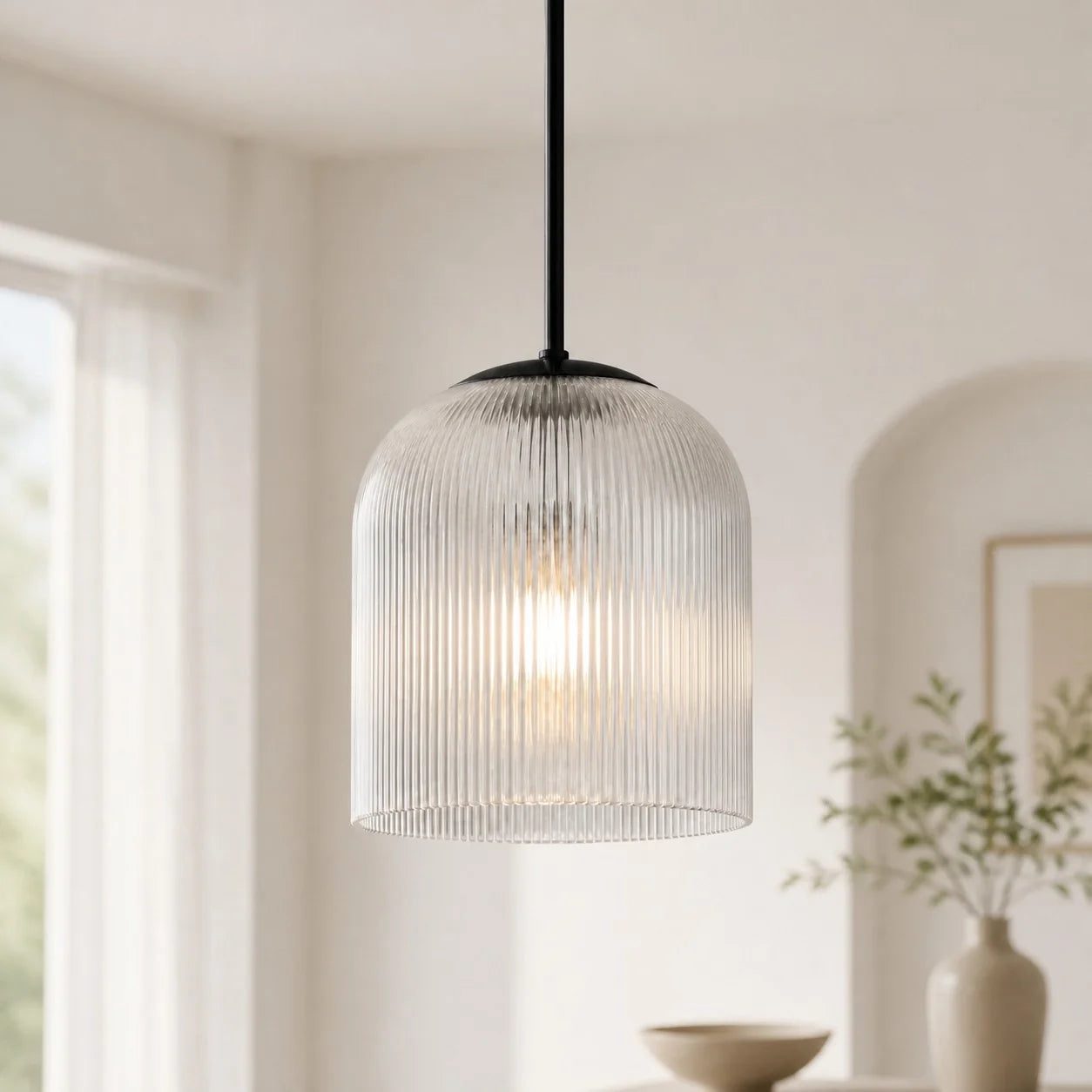 Geribbelde Glazen Hanglamp met Koperen Finish – Landelijke Stijl Verlichting | Sansoti