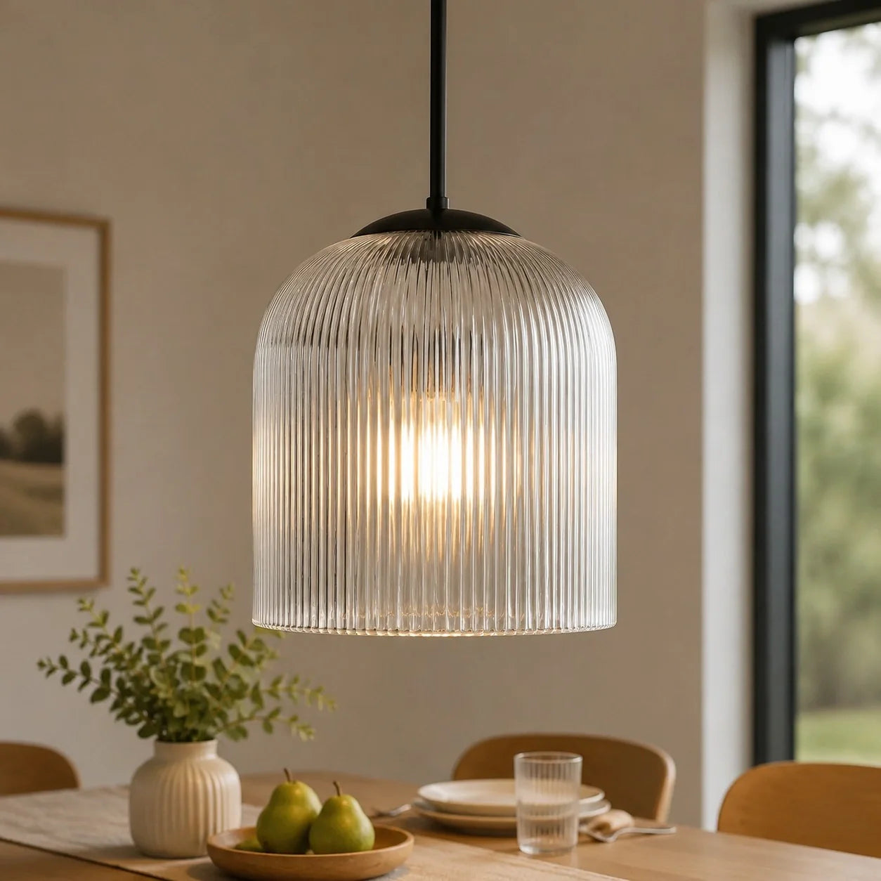 Geribbelde Glazen Hanglamp met Koperen Finish – Landelijke Stijl Verlichting | Sansoti