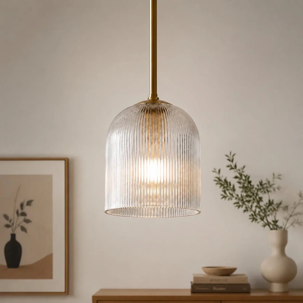 Geribbelde Glazen Hanglamp met Koperen Finish – Landelijke Stijl Verlichting | Sansoti