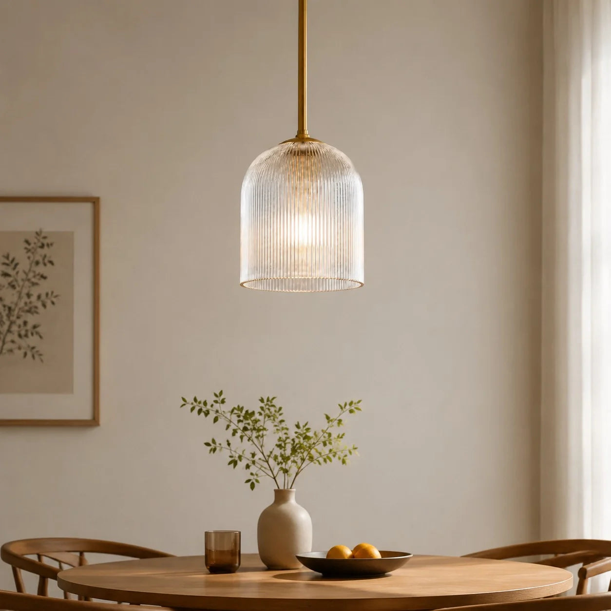 Geribbelde Glazen Hanglamp met Koperen Finish – Landelijke Stijl Verlichting | Sansoti