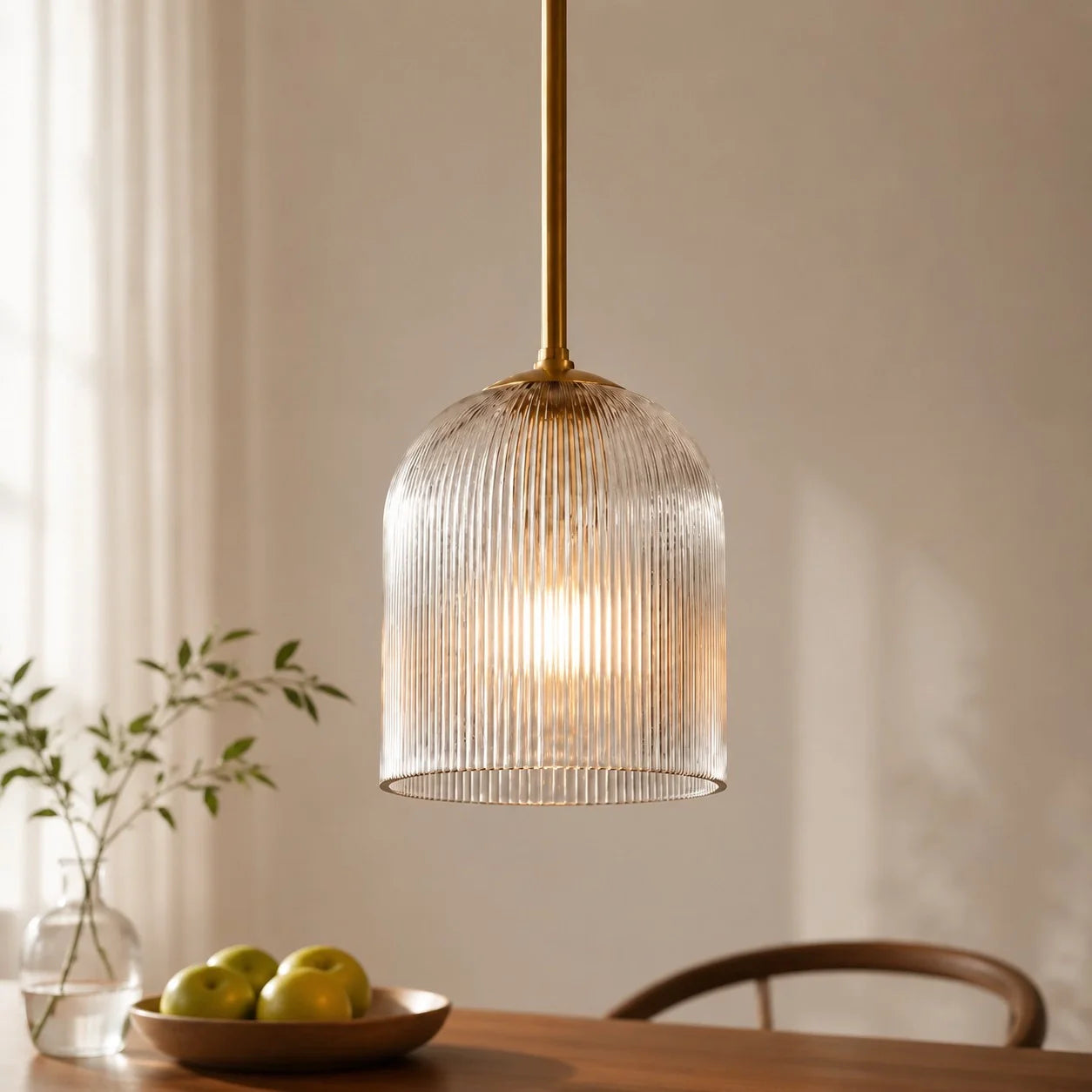 Geribbelde Glazen Hanglamp met Koperen Finish – Landelijke Stijl Verlichting | Sansoti