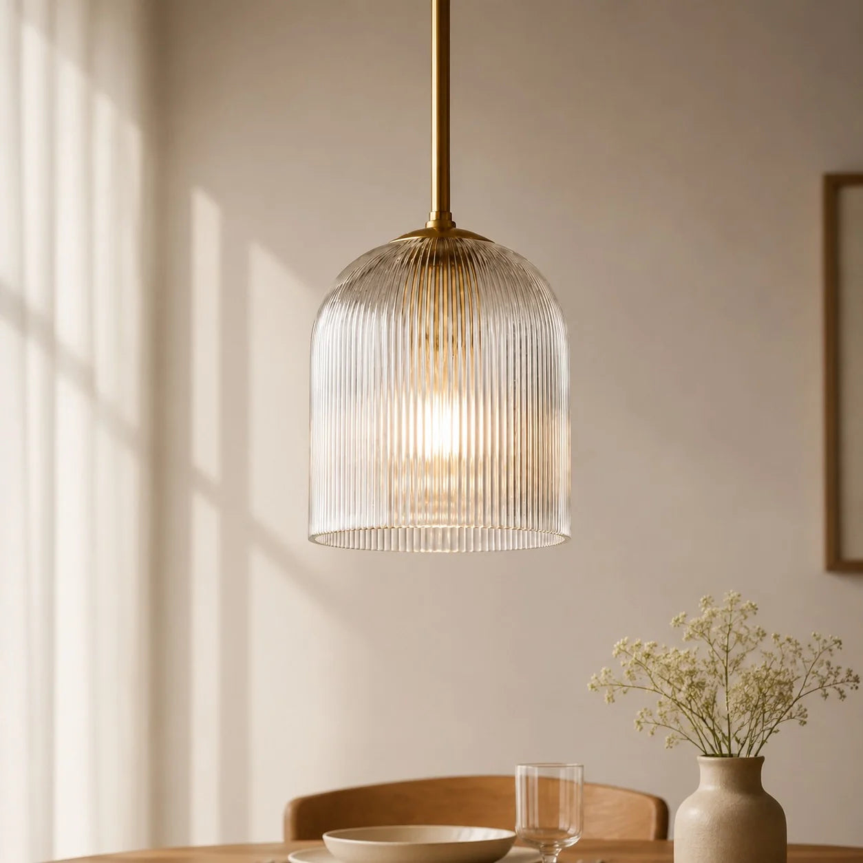 Geribbelde Glazen Hanglamp met Koperen Finish – Landelijke Stijl Verlichting | Sansoti