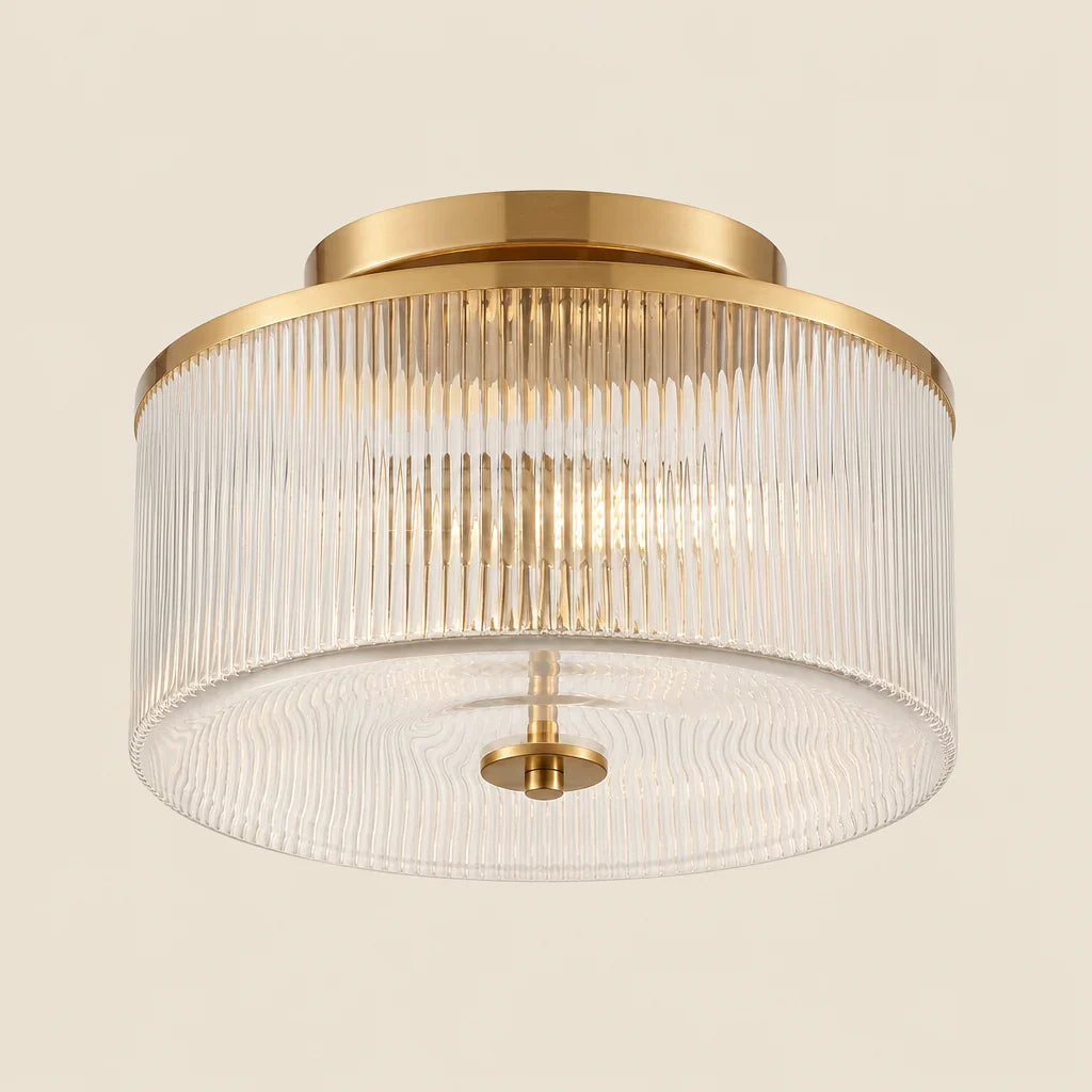Plafondlamp met Geribbelde Glazen Kap - Landelijke Stijl - Ø 35cm Messing Plafondverlichting voor Hal en Woonkamer | Sansoti