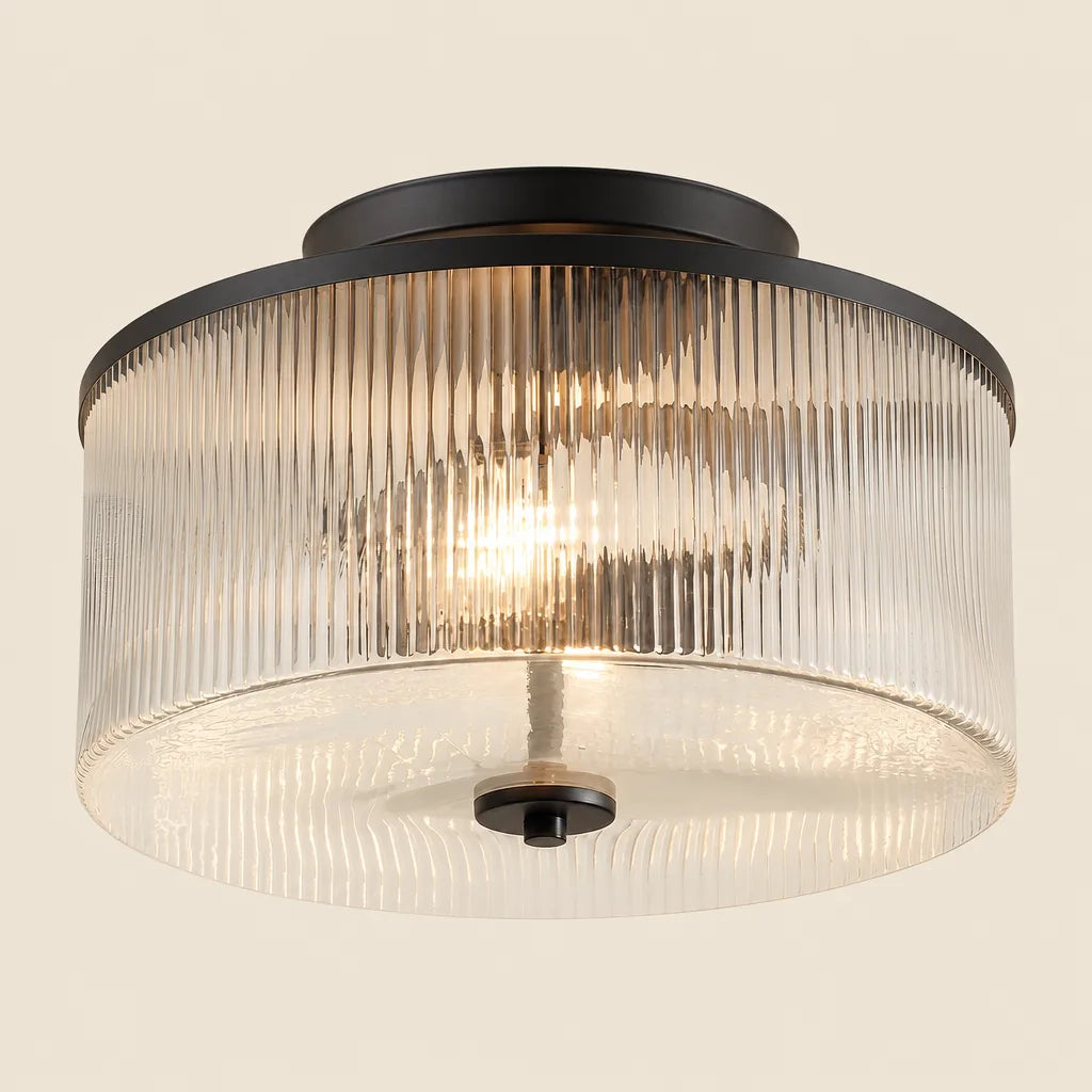 Plafondlamp met Geribbelde Glazen Kap - Landelijke Stijl - Ø 35cm Messing Plafondverlichting voor Hal en Woonkamer | Sansoti