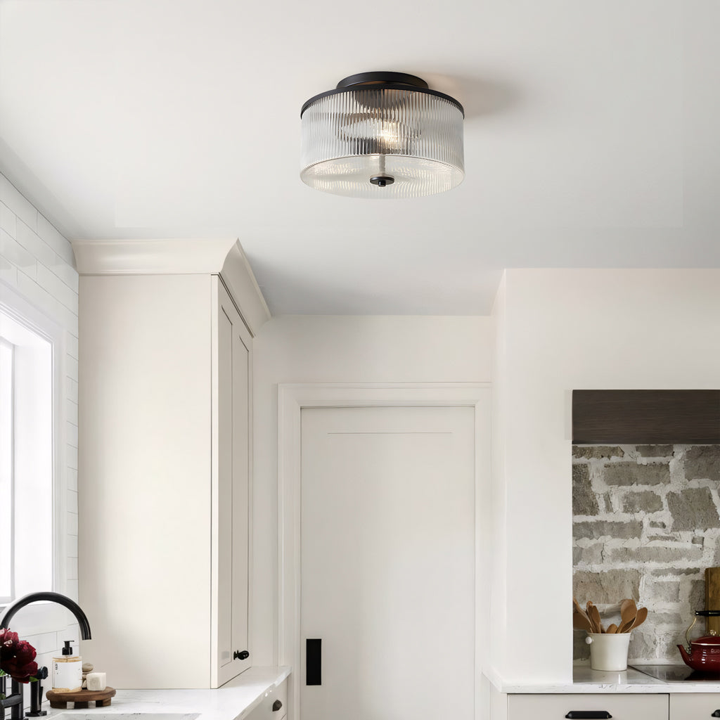 Plafondlamp met Geribbelde Glazen Kap - Landelijke Stijl - Ø 35cm Messing Plafondverlichting voor Hal en Woonkamer | Sansoti