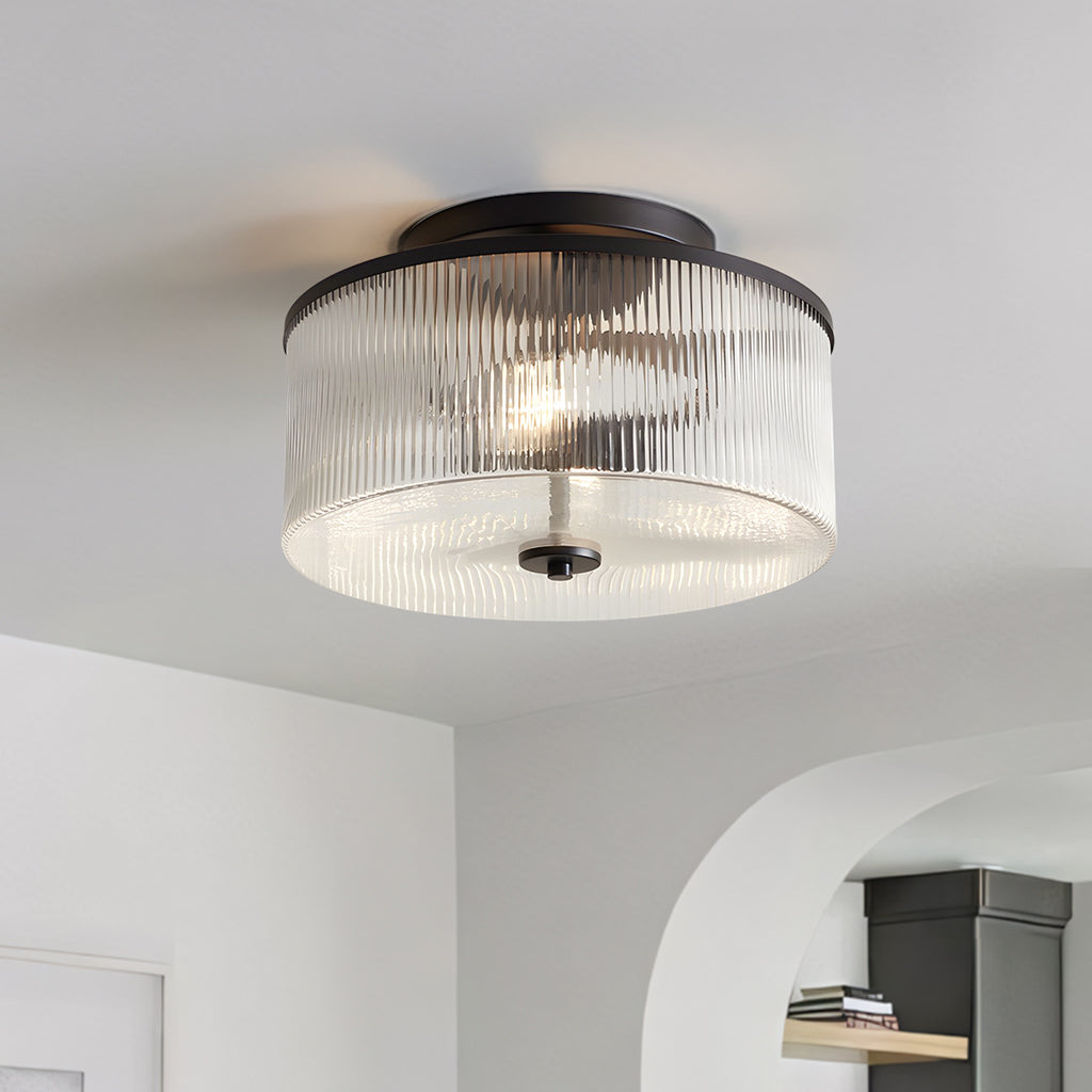 Plafondlamp met Geribbelde Glazen Kap - Landelijke Stijl - Ø 35cm Messing Plafondverlichting voor Hal en Woonkamer | Sansoti