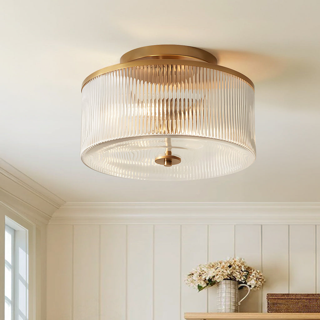 Plafondlamp met Geribbelde Glazen Kap - Landelijke Stijl - Ø 35cm Messing Plafondverlichting voor Hal en Woonkamer | Sansoti