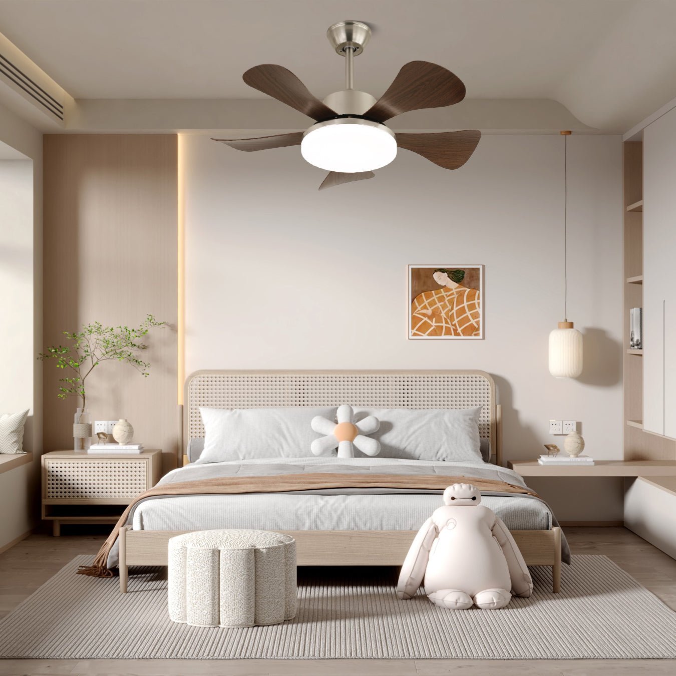 Ceiling Fan with LED Lighting Ø91cm in wood and metal with 6 speeds and remote control modern design for living and bedrooms indoor use | Sansoti