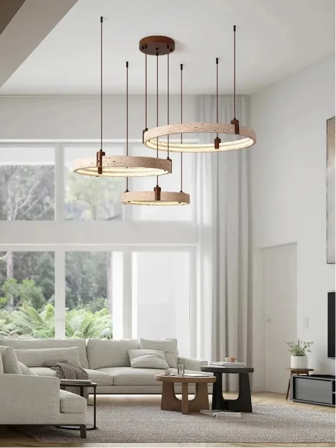 Runde Naturstein-Deckenleuchte aus Travertin, dimmbare LED-Hängeleuchte für Wohnzimmer und Esszimmer, luxuriöses Design-Interieur | Sansoti