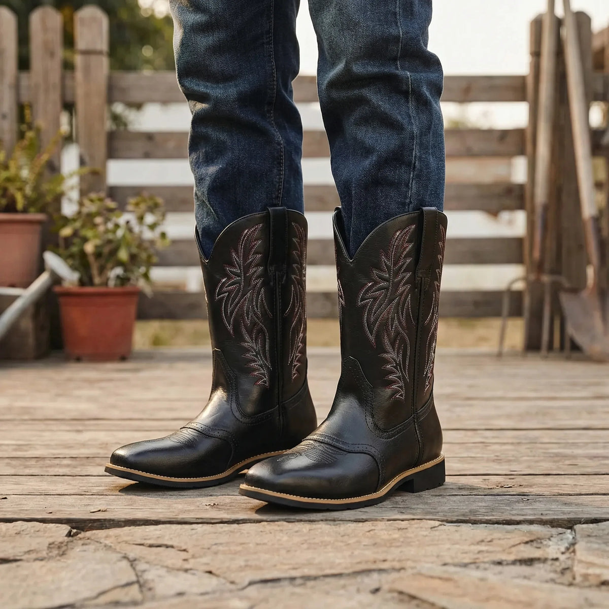 Westernstiefel aus Leder bis zur Wade mit eckiger Zehenpartie, besticktem Schaft und Schlupfdesign, Herrenstiefel, Braun Schwarz, Cowboy-Boots-Stil | Sansoti