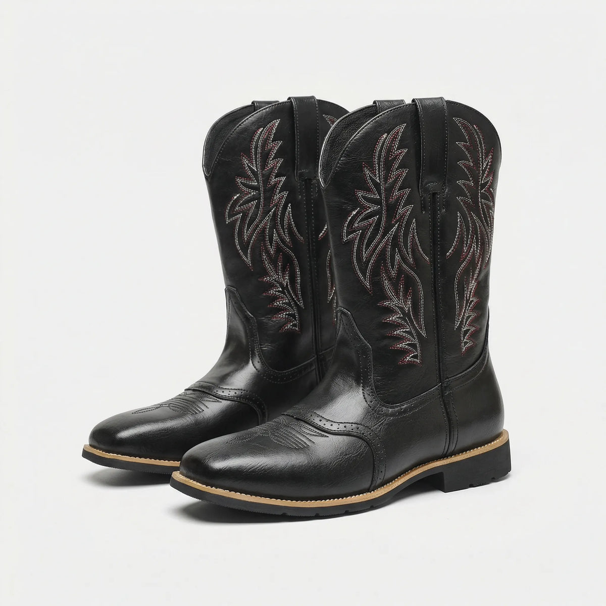 Westernstiefel aus Leder bis zur Wade mit eckiger Zehenpartie, besticktem Schaft und Schlupfdesign, Herrenstiefel, Braun Schwarz, Cowboy-Boots-Stil | Sansoti