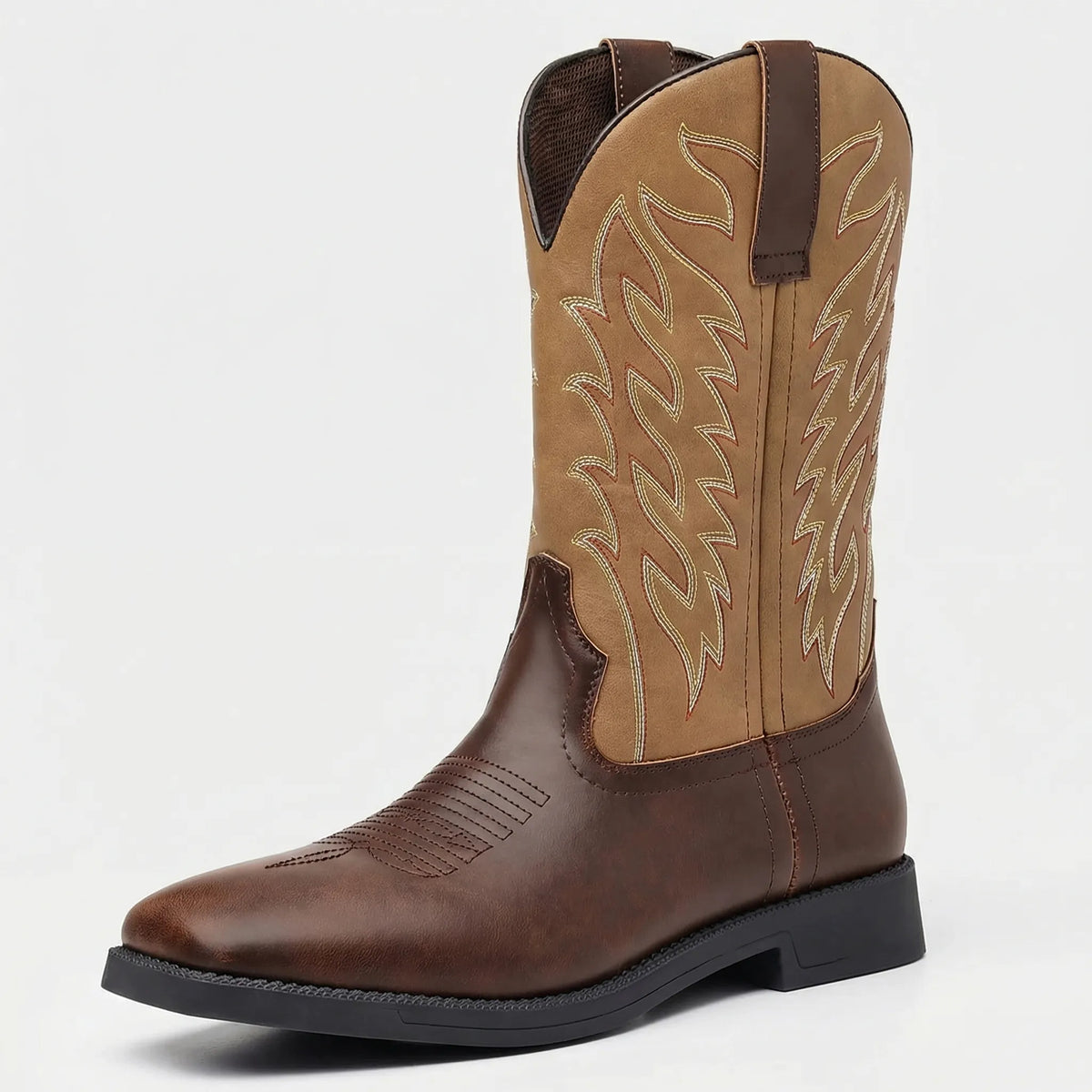 Westernstiefel aus Leder bis zur Wade mit eckiger Zehenpartie, besticktem Schaft und Schlupfdesign, Herrenstiefel, Braun Schwarz, Cowboy-Boots-Stil | Sansoti