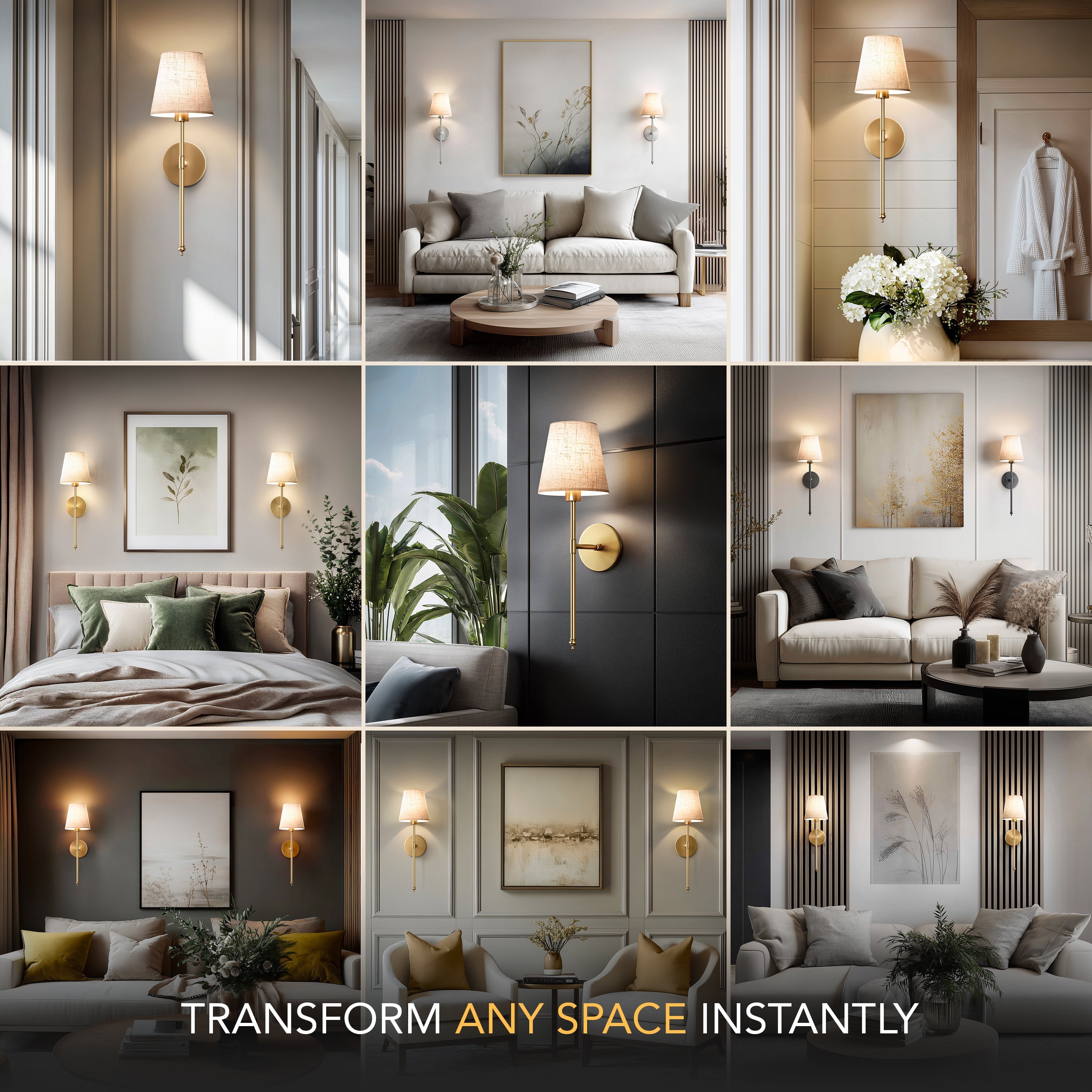 Wandlampe Gold Leinen Schirm Set 2 Kabellos Fernbedienung Dimmbar RGB Schlafzimmer Wohnzimmer | Restfield
