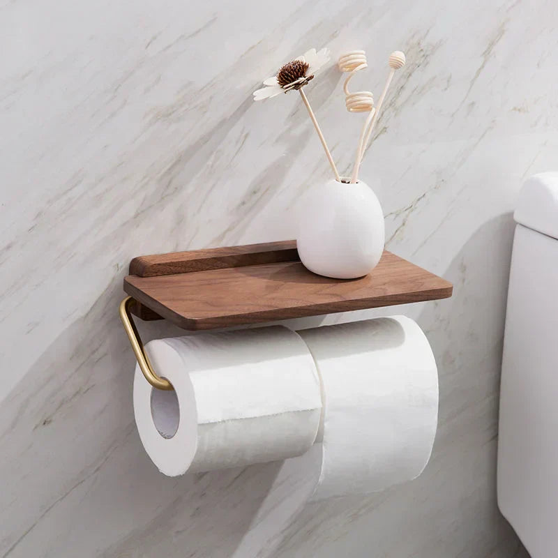 Toiletrolhouder Hout Walnoot Wandmontage Bruin Met Plank Badkamer Toilet Papierhouder Wandrek Minimalistisch Interieur | Sansoti