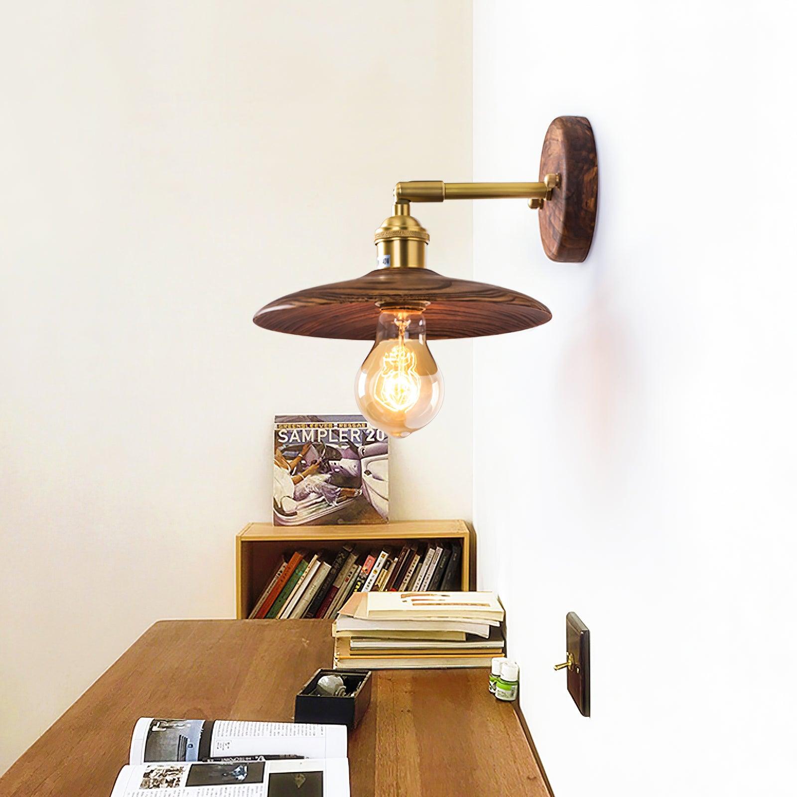 Wandleuchte Walnussholz Messing E27 20cm Rund Wohnzimmer Schlafzimmer Flur Japandi