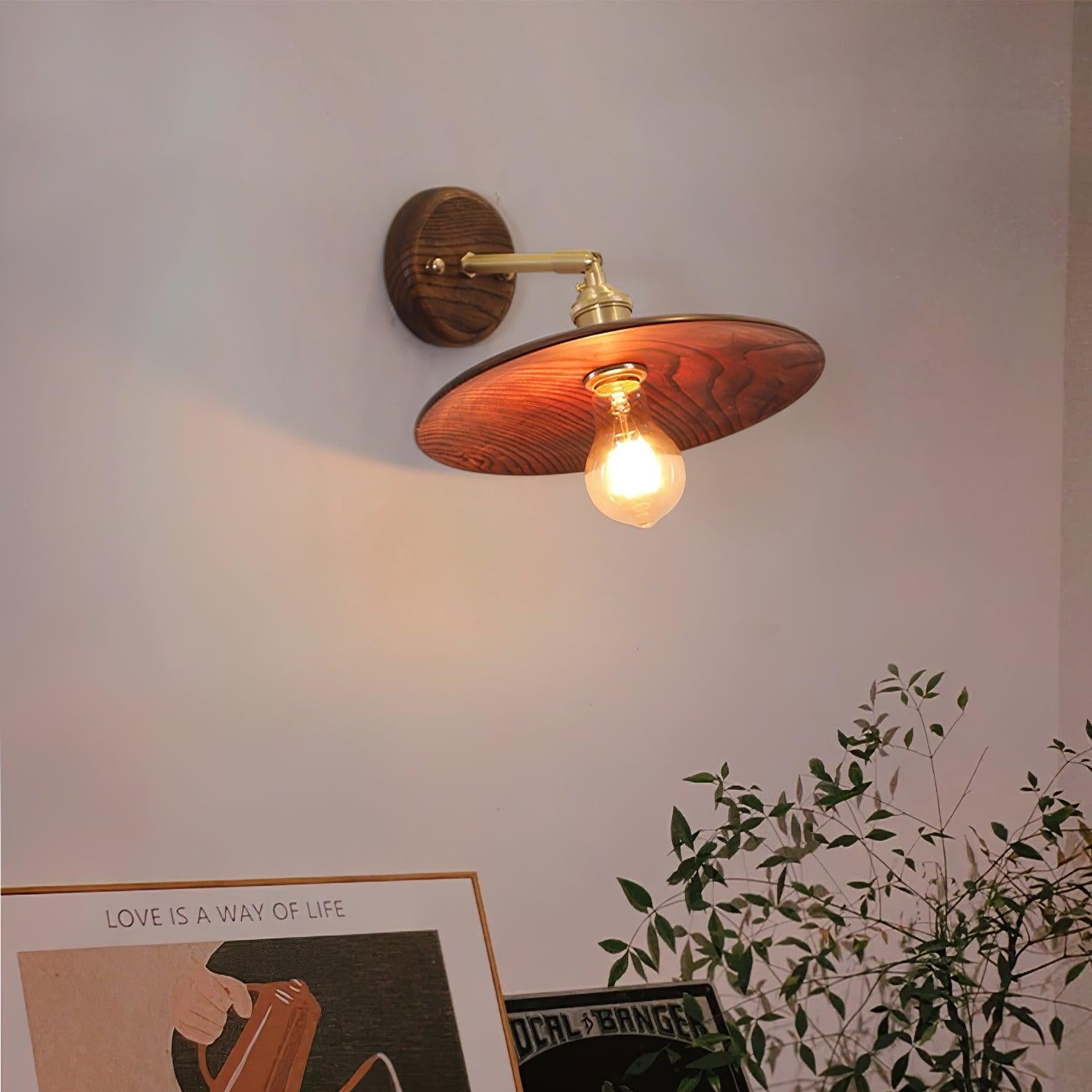 Wandleuchte Walnussholz Messing E27 20cm Rund Wohnzimmer Schlafzimmer Flur Japandi
