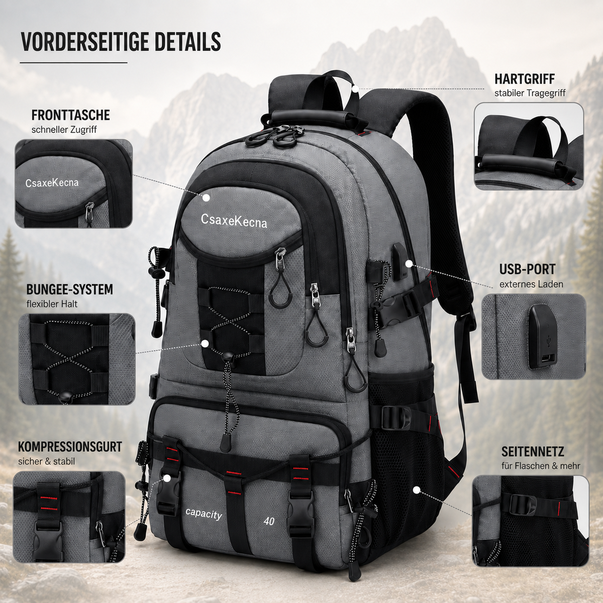 Trekkingtas 40 Liter met USB-Poort Ergonomisch Waterdicht voor Wandelen Bergtouren Outdoor Camping Reizen | Sansoti