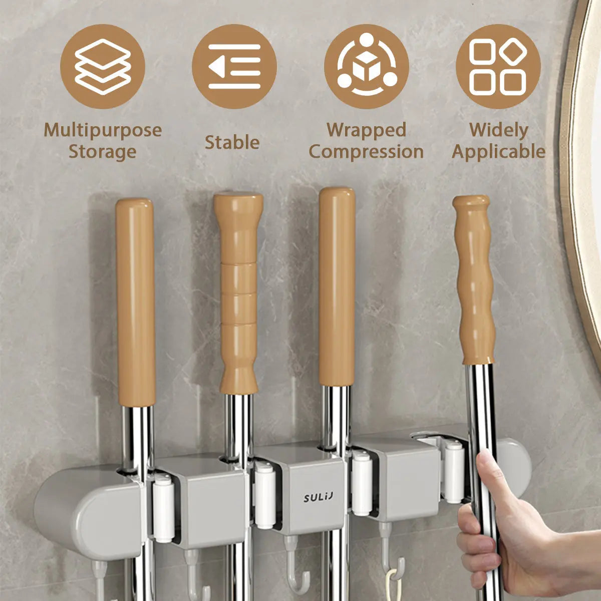 Wandhouder Bezem Mop Gereedschap Kunststof Edelstaal 33x5x9cm 4 Grepen 5 Haken Keuken Garage Werkplaats Opbergen Schroeven Zelfklevend | Sansoti