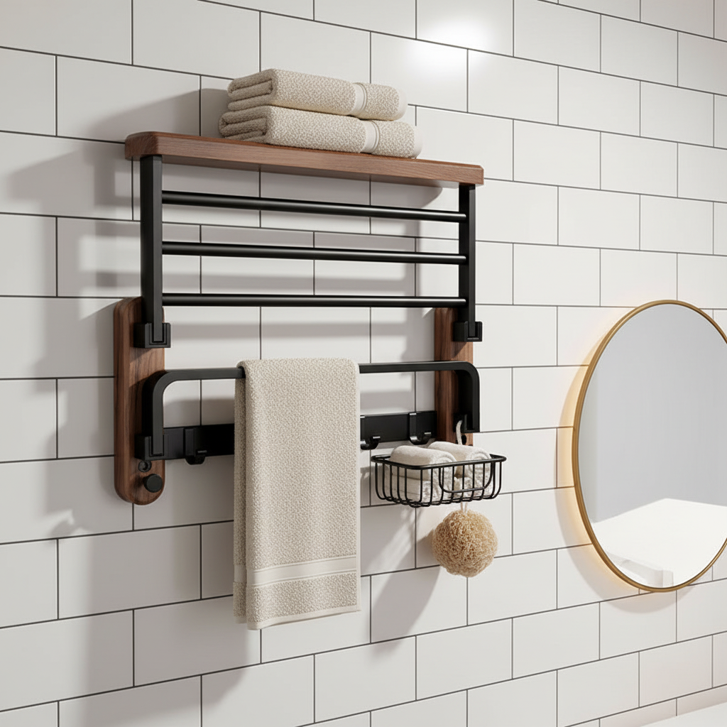 Wandrek Hout Handdoeken Badkamer Walnoot Aluminium Minimalistisch Scandinavisch Design Naturel 50cm 60cm | Sansoti