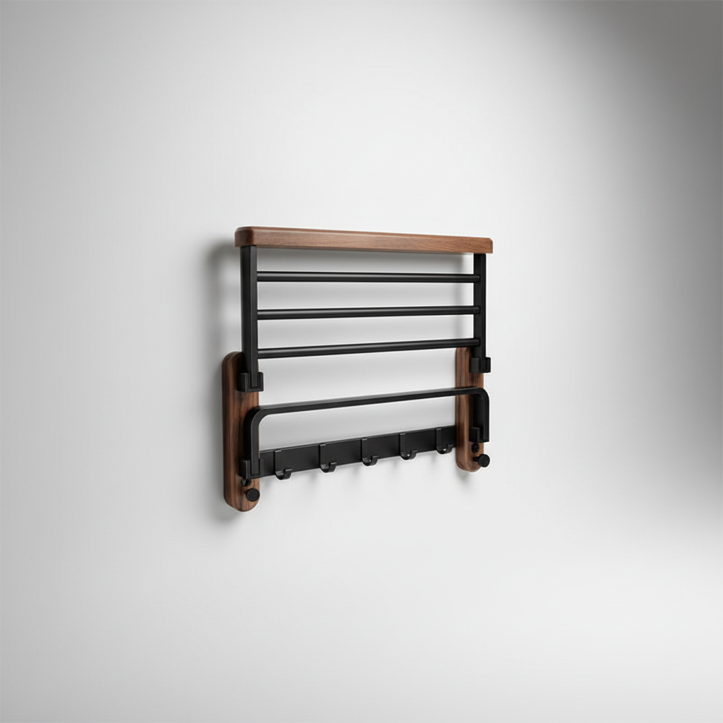 Wandrek Hout Handdoeken Badkamer Walnoot Aluminium Minimalistisch Scandinavisch Design Naturel 50cm 60cm | Sansoti