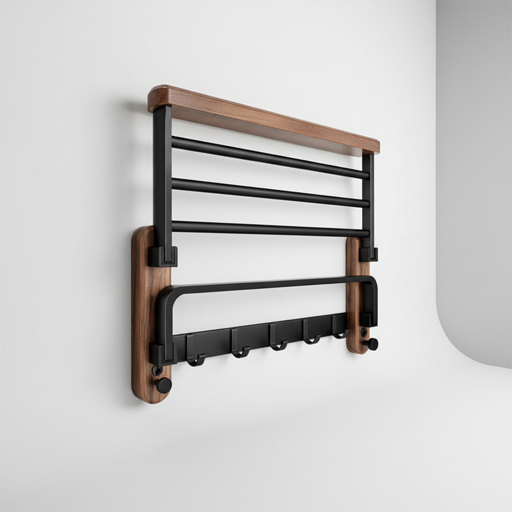 Wandrek Hout Handdoeken Badkamer Walnoot Aluminium Minimalistisch Scandinavisch Design Naturel 50cm 60cm | Sansoti