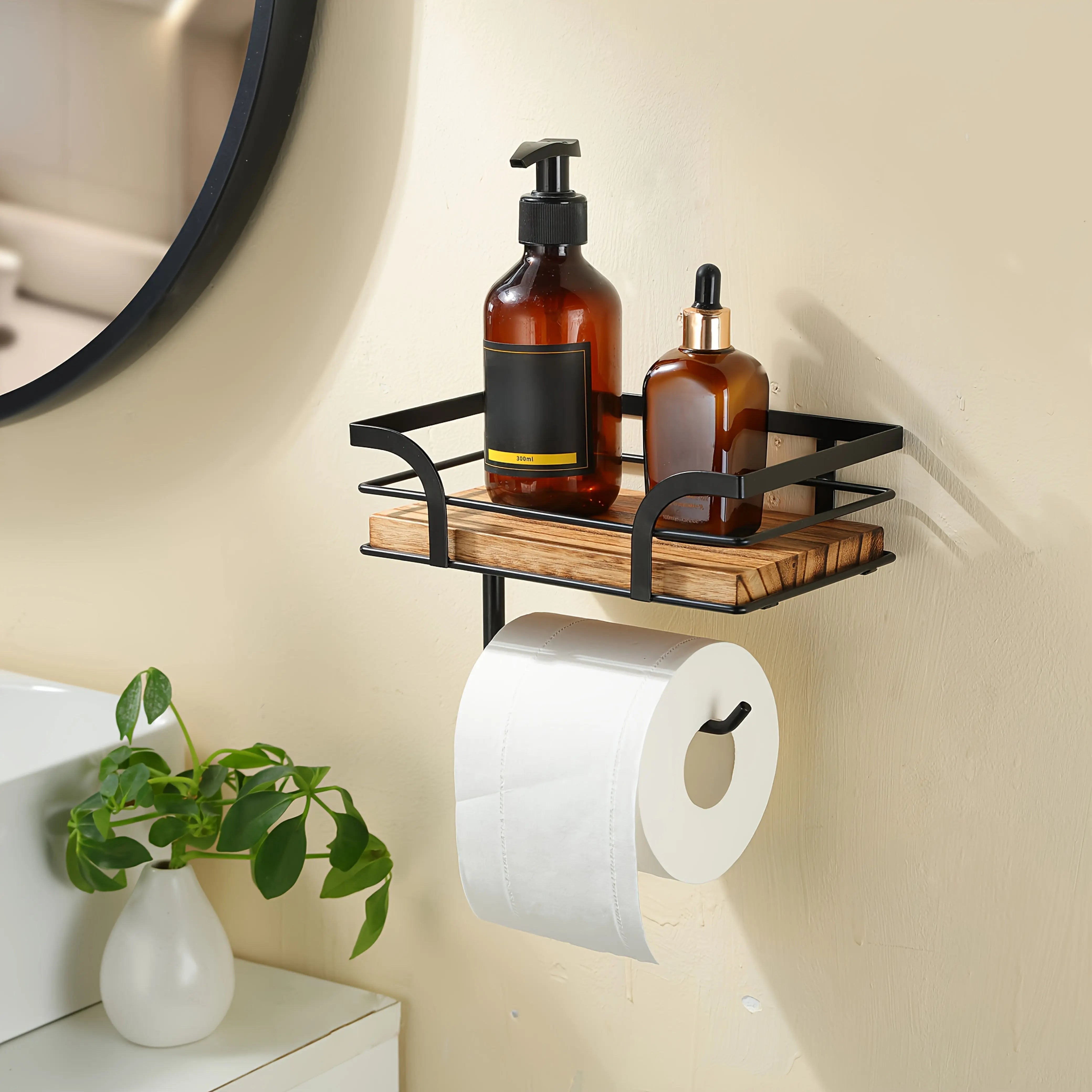 Wandplank met Toiletrolhouder – Metalen Frame met Houten Plank voor Badkamer | Sansoti