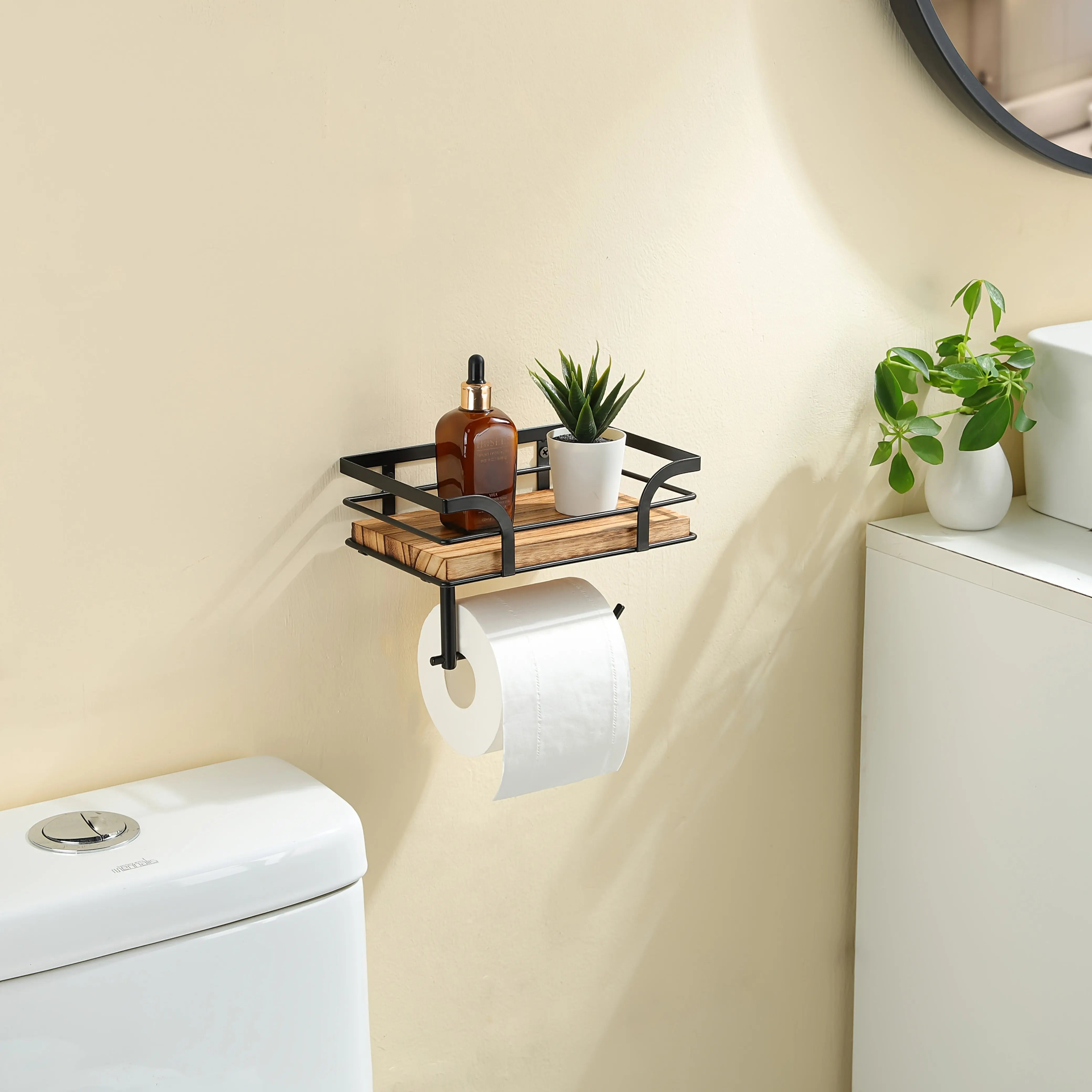 Wandplank met Toiletrolhouder – Metalen Frame met Houten Plank voor Badkamer | Sansoti