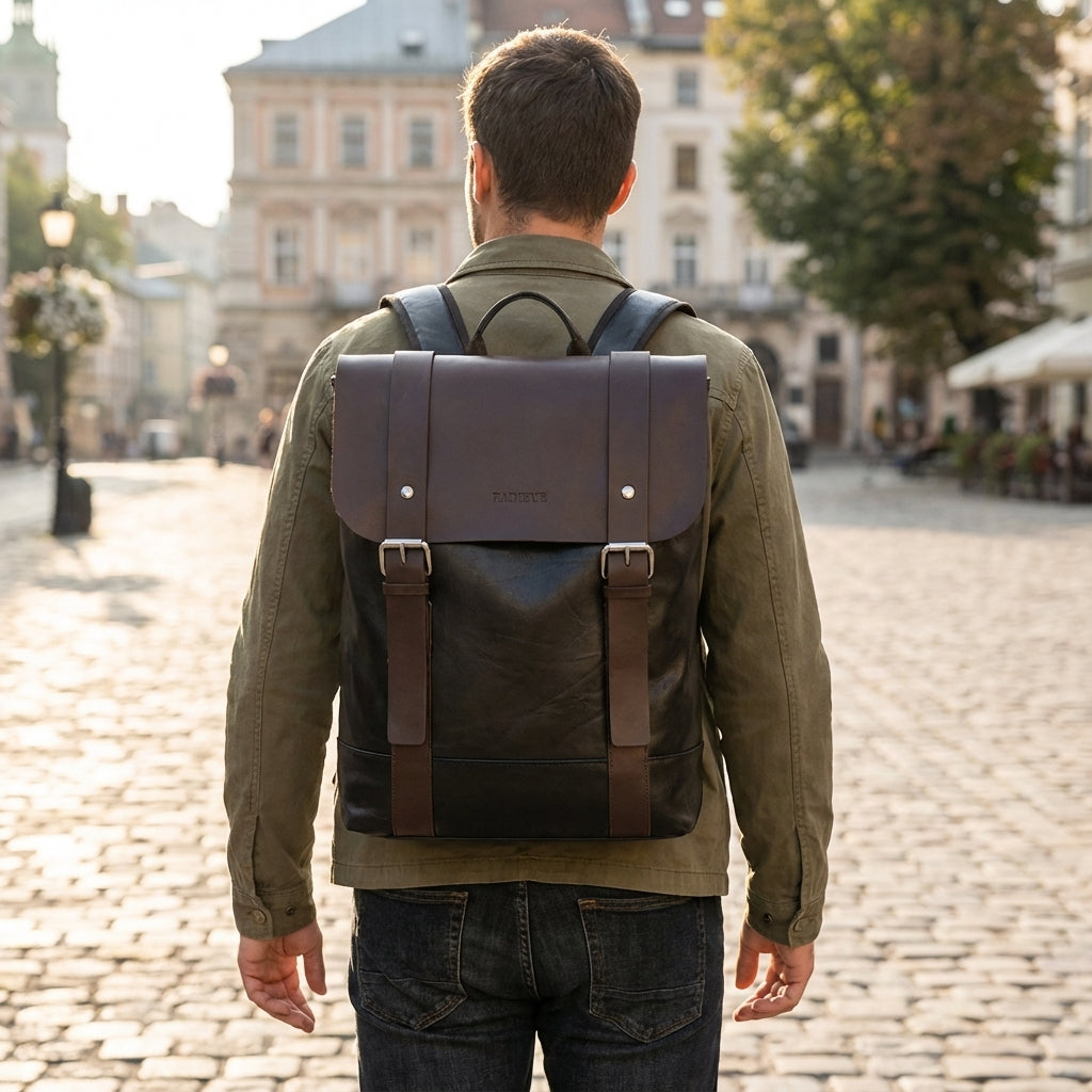 Sac à dos en cuir imperméable avec compartiment pour ordinateur portable, marron et noir, durable, pour l'école, le travail, les voyages et un usage quotidien - Ordinateur portable | Sansoti