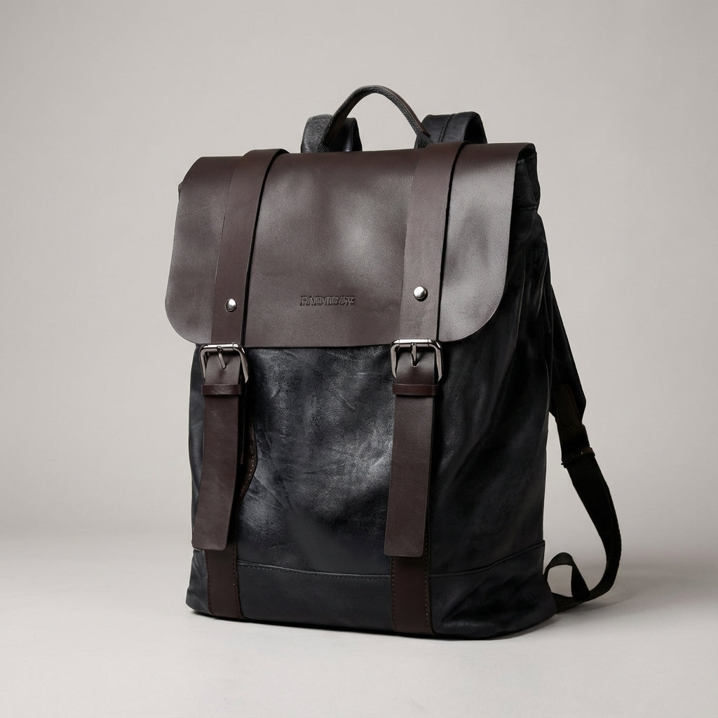 Sac à dos en cuir imperméable avec compartiment pour ordinateur portable, marron et noir, durable, pour l'école, le travail, les voyages et un usage quotidien - Ordinateur portable | Sansoti
