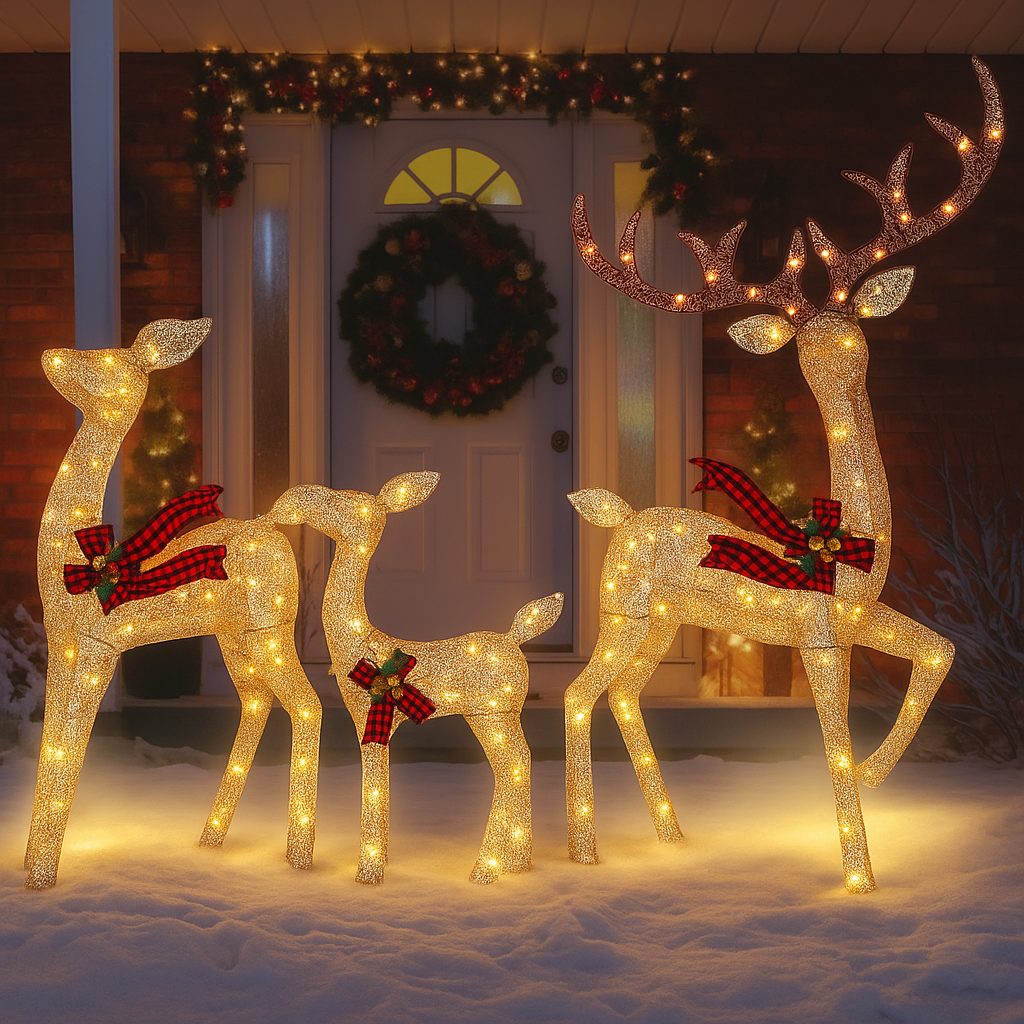 Verlichte Rendierenfamilie Decoratie Rotan Design Voor Tuin Gouden Finish Outdoor Kerstverlichting Set 3-Delig | Sansoti
