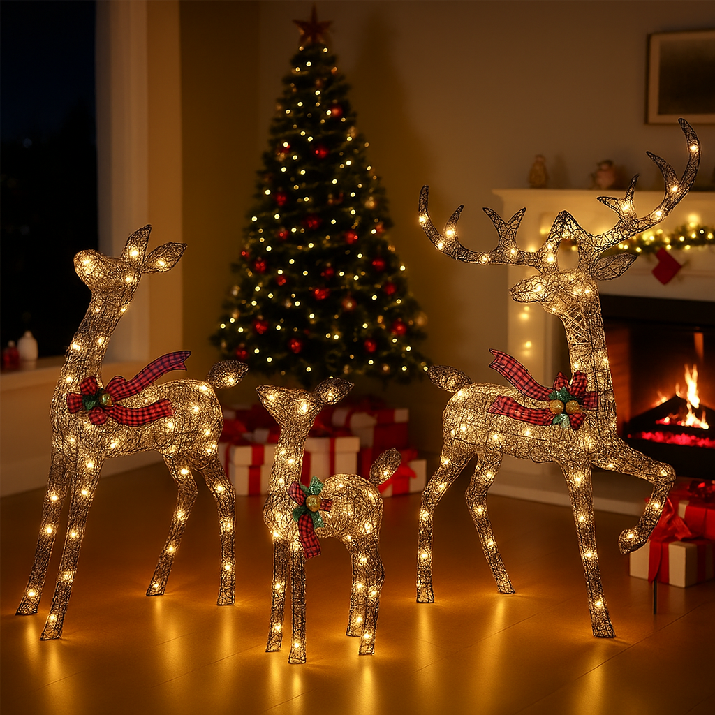 Verlichte Rendierenfamilie Decoratie Rotan Design Voor Tuin Gouden Finish Outdoor Kerstverlichting Set 3-Delig | Sansoti