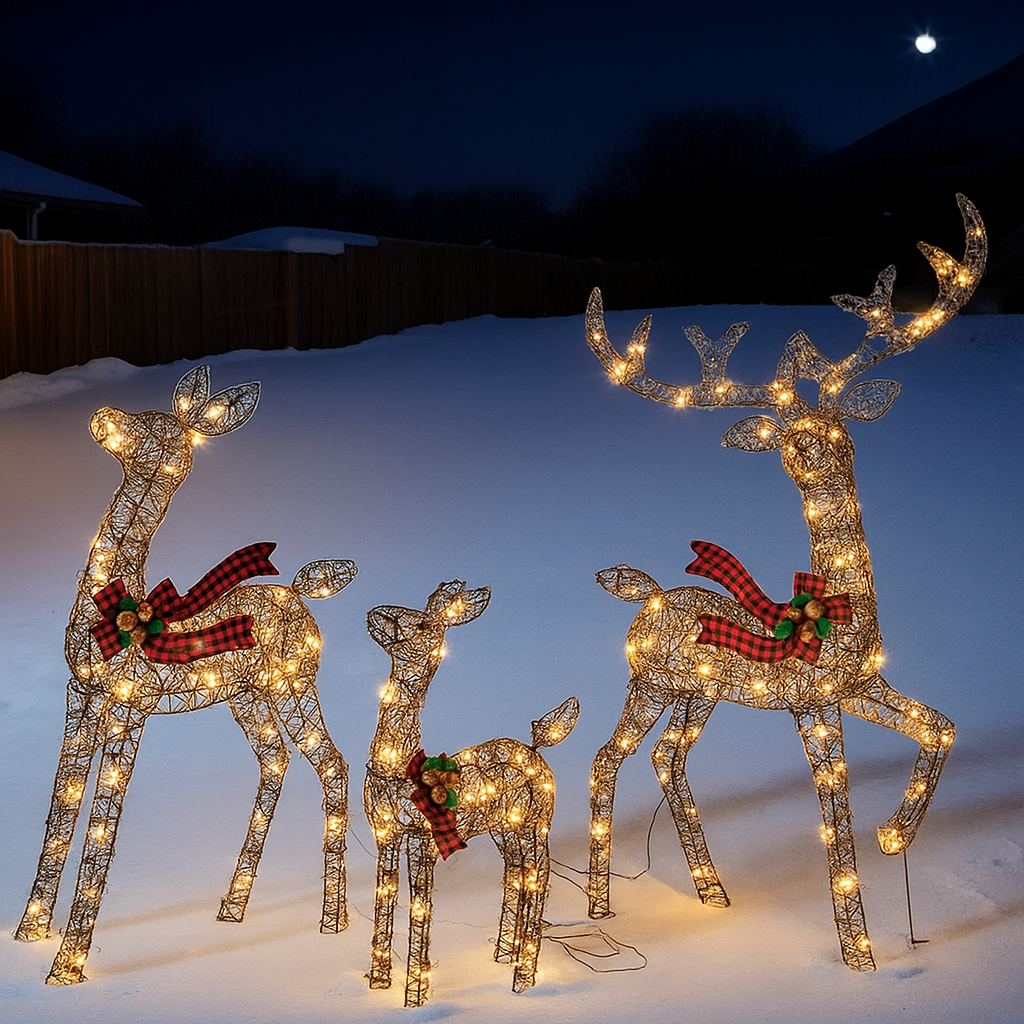 Verlichte Rendierenfamilie Decoratie Rotan Design Voor Tuin Gouden Finish Outdoor Kerstverlichting Set 3-Delig | Sansoti