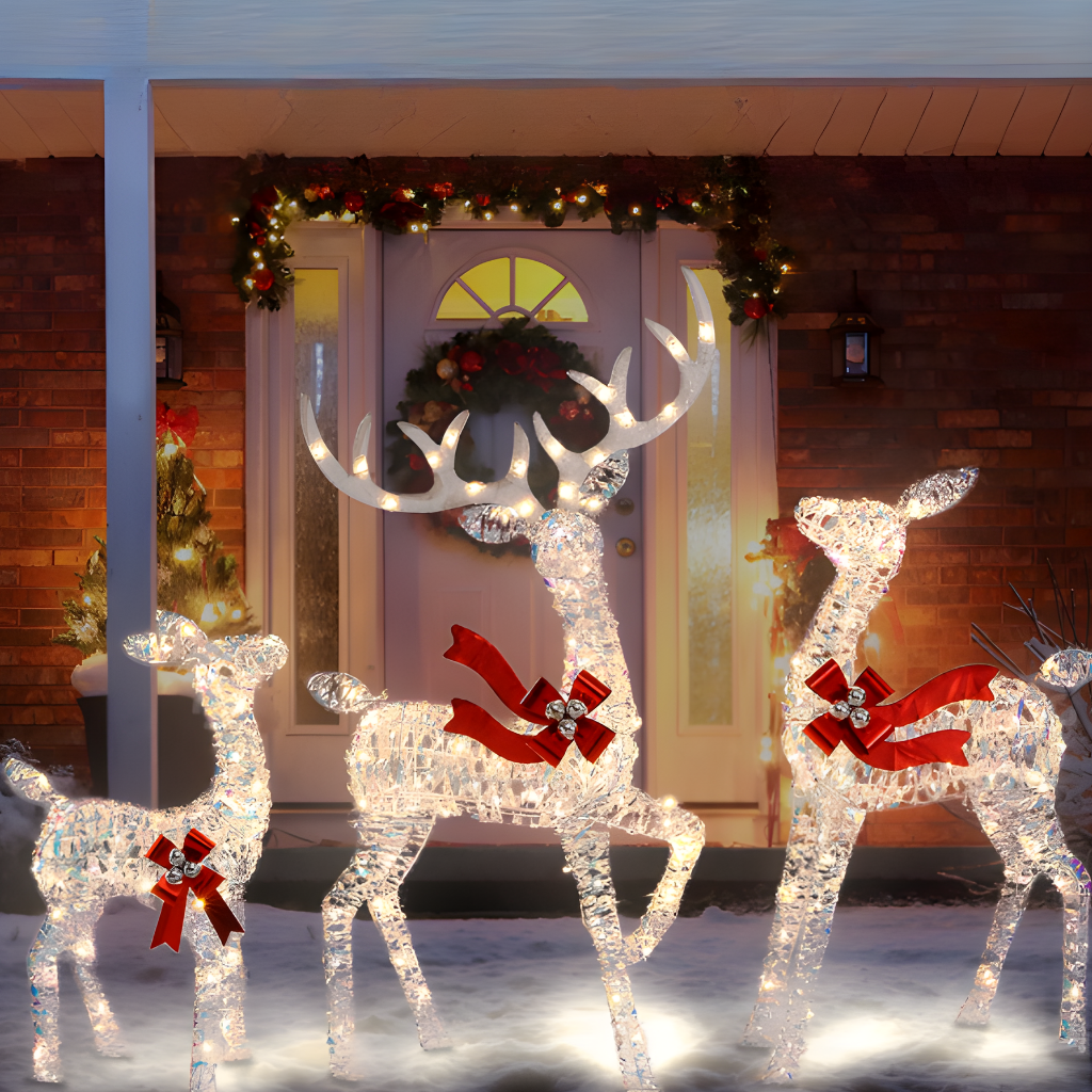 Verlichte Rendierenfamilie Decoratie Rotan Design Voor Tuin Gouden Finish Outdoor Kerstverlichting Set 3-Delig | Sansoti