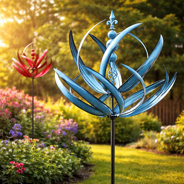 Metalen Tuinwindmolen Lotus 90cm Weerbestendig Decoratief Windspel Tuin en Terras Rood Blauw | Sansoti