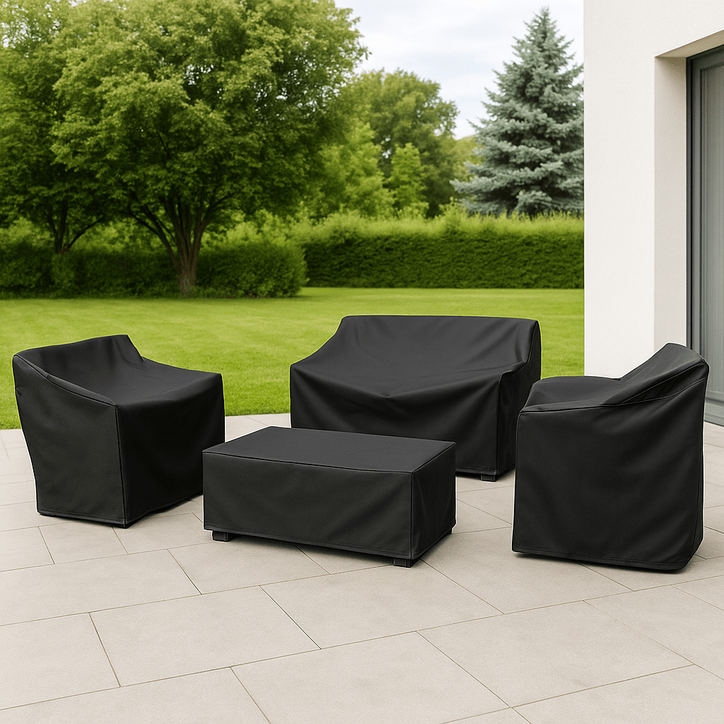 Wetterschutzhülle für Gartenmöbel, wasserdicht, Polyester, Schwarz-Silber, für Terrasse, Balkon und Garten im Außenbereich | Sansoti