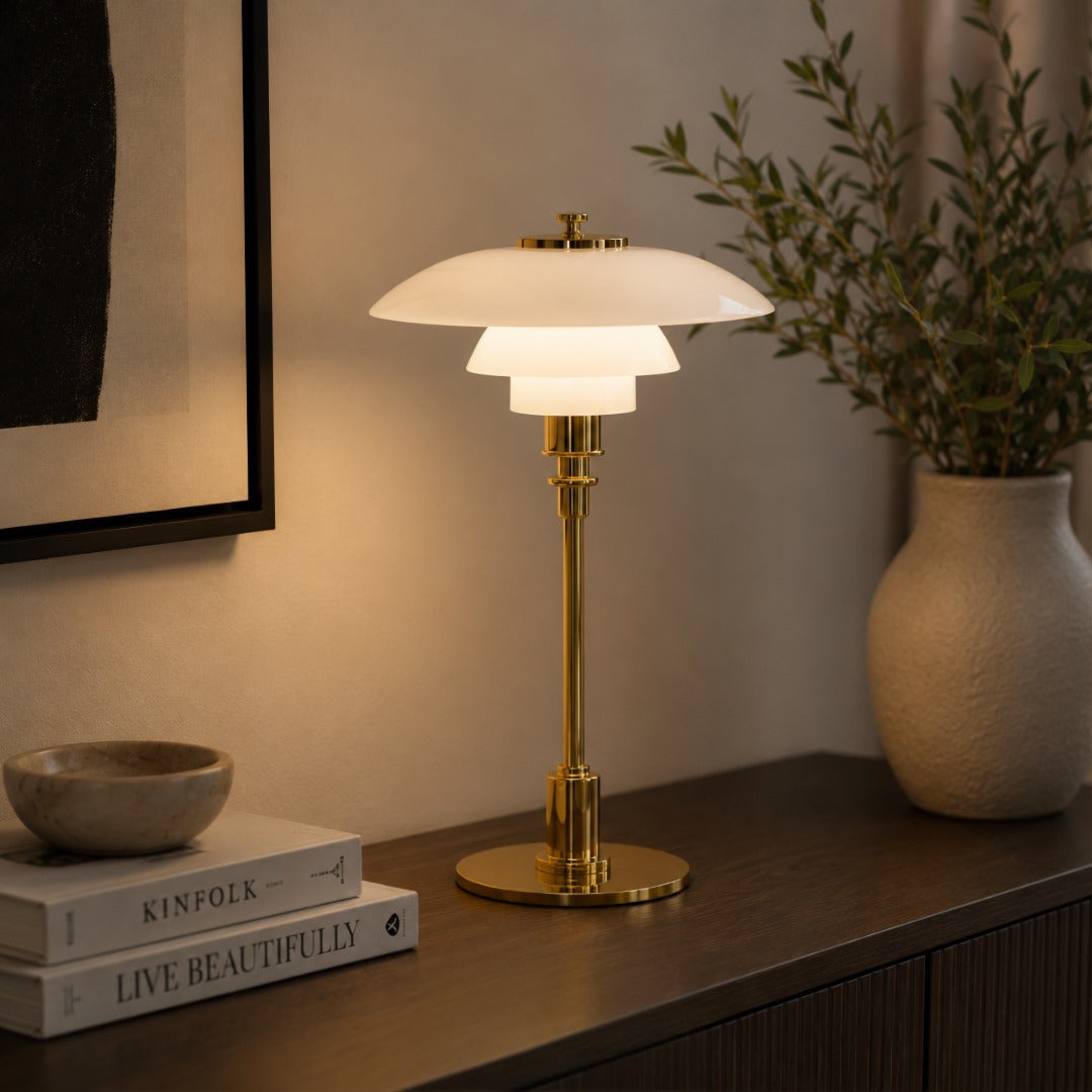 Glazen Tafellamp met Gelaagde Kap 36cm Scandinavisch Design Woonkamer Slaapkamer Nachtkastje E14 E27 | Sansoti