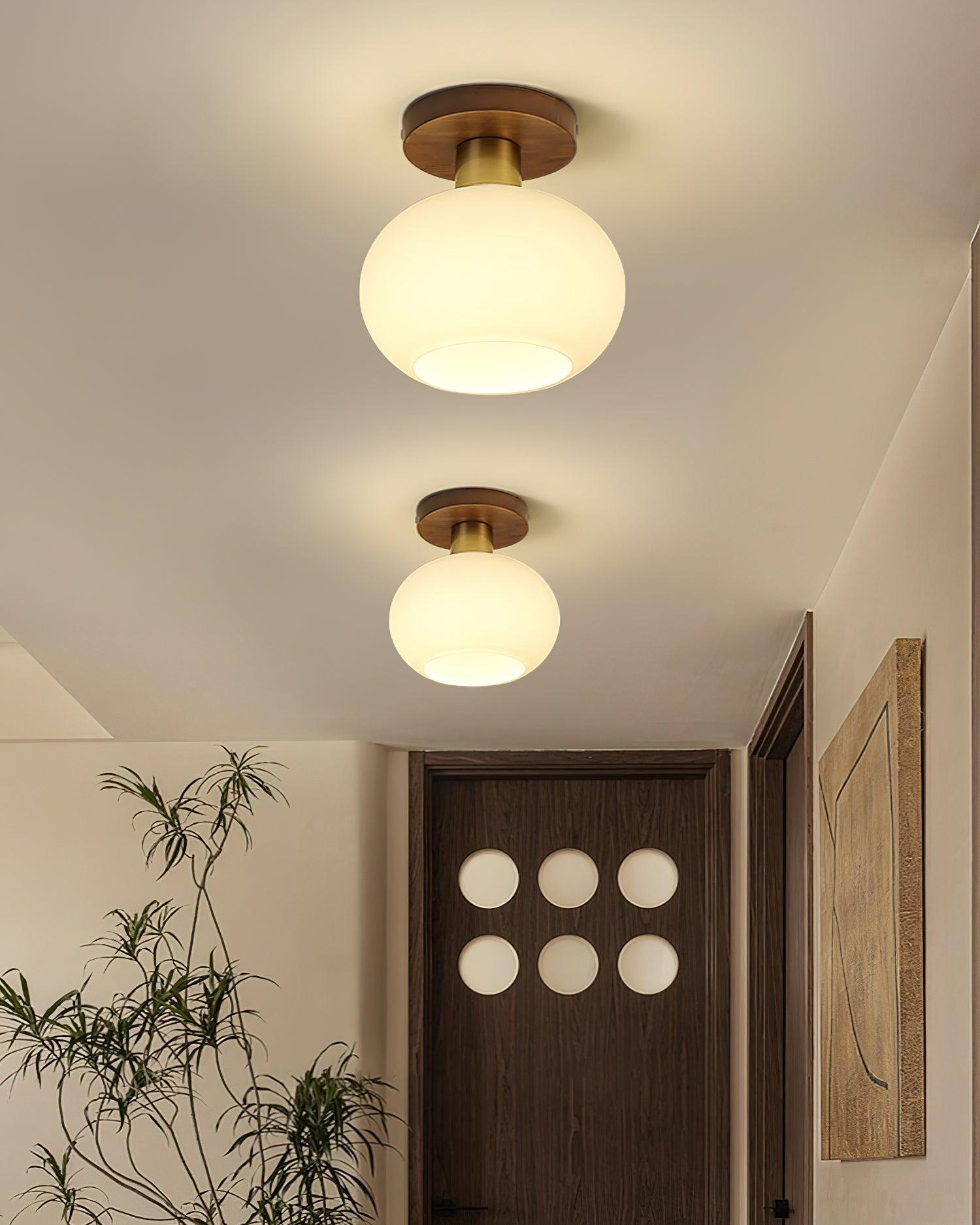 Plafondlamp Walnoot Koper Glas Wit Ø18cm Woonkamer Slaapkamer Gang Opaalbol Plafonnière Retro Sfeerverlichting | Sansoti