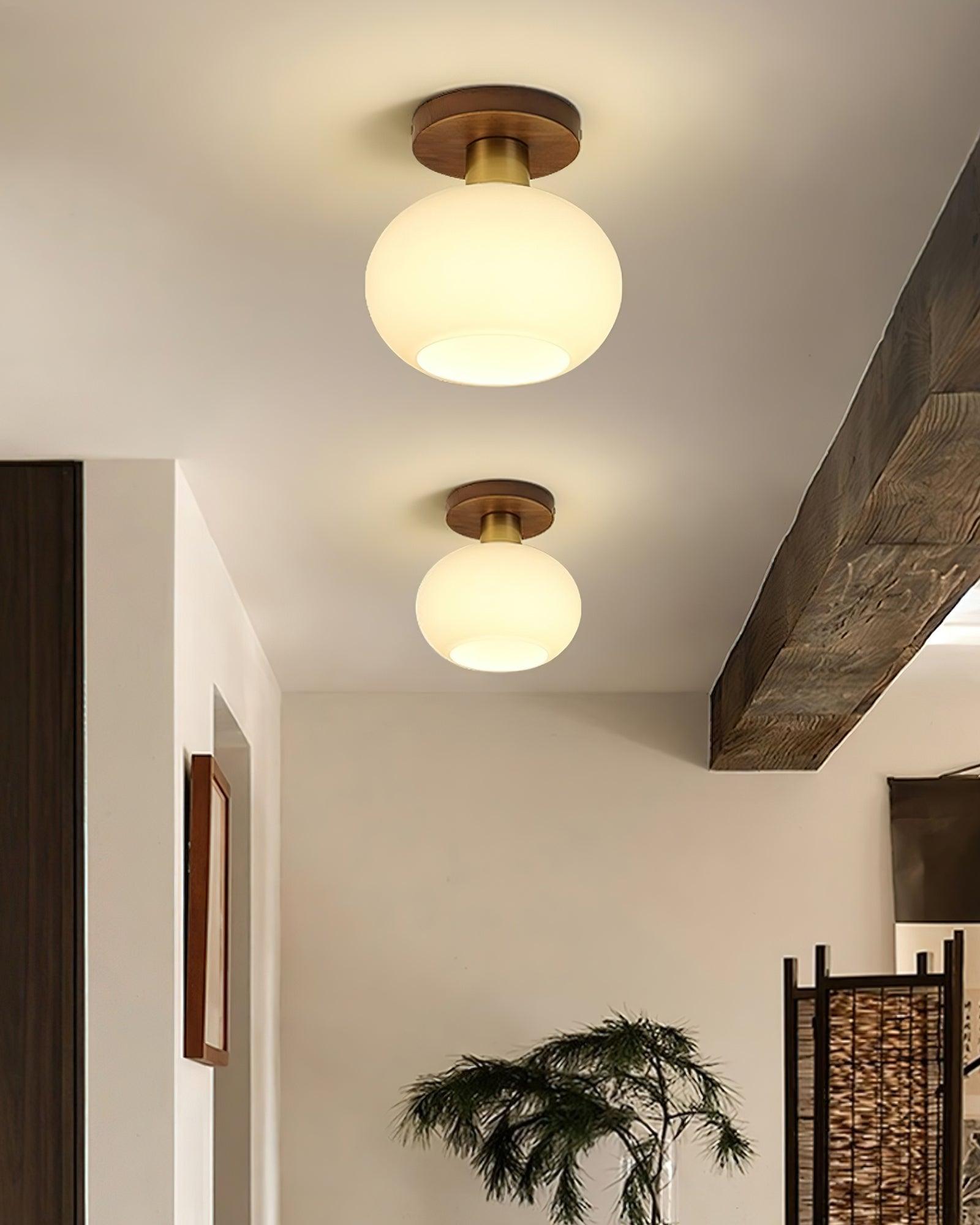 Plafondlamp Walnoot Koper Glas Wit Ø18cm Woonkamer Slaapkamer Gang Opaalbol Plafonnière Retro Sfeerverlichting | Sansoti