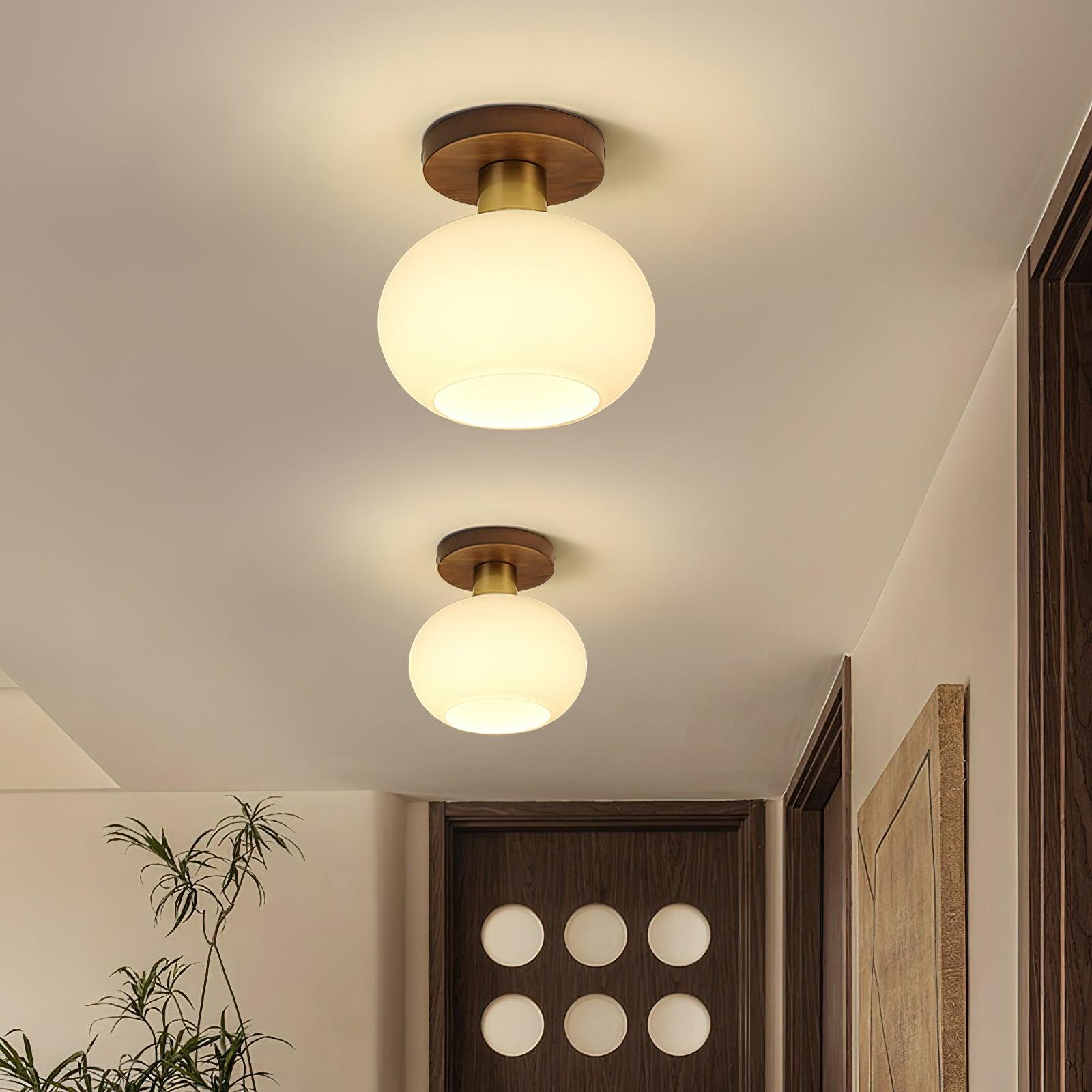 Plafondlamp Walnoot Koper Glas Wit Ø18cm Woonkamer Slaapkamer Gang Opaalbol Plafonnière Retro Sfeerverlichting | Sansoti