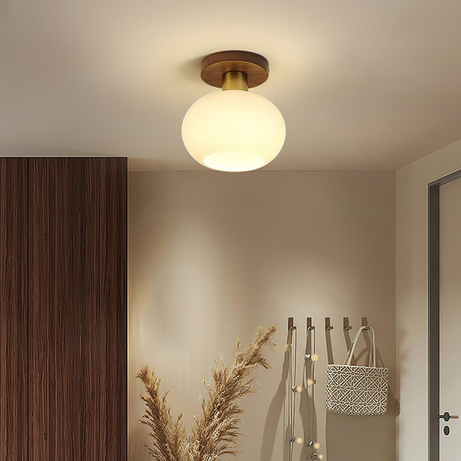 Plafondlamp Walnoot Koper Glas Wit Ø18cm Woonkamer Slaapkamer Gang Opaalbol Plafonnière Retro Sfeerverlichting | Sansoti