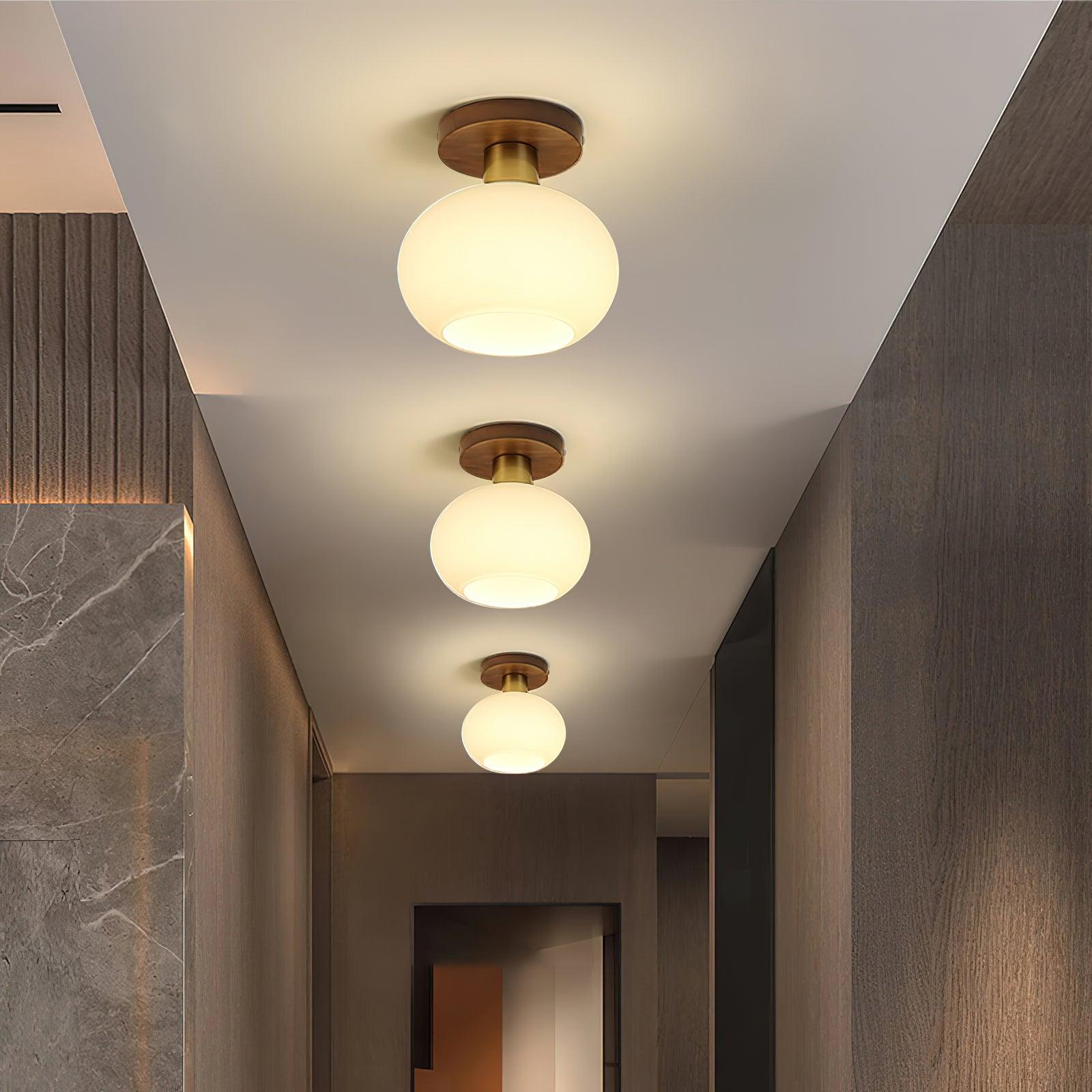 Plafondlamp Walnoot Koper Glas Wit Ø18cm Woonkamer Slaapkamer Gang Opaalbol Plafonnière Retro Sfeerverlichting | Sansoti