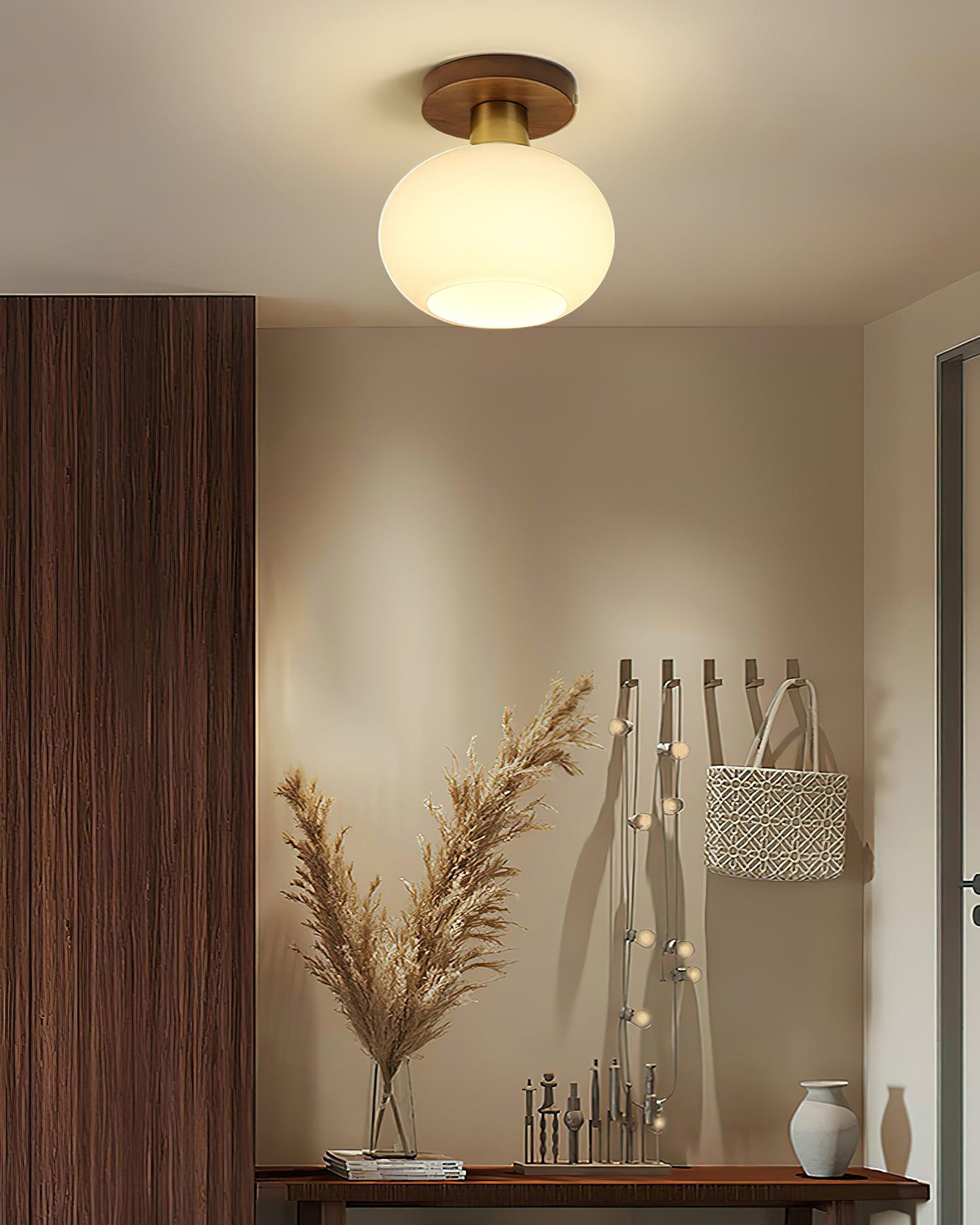 Plafondlamp Walnoot Koper Glas Wit Ø18cm Woonkamer Slaapkamer Gang Opaalbol Plafonnière Retro Sfeerverlichting | Sansoti