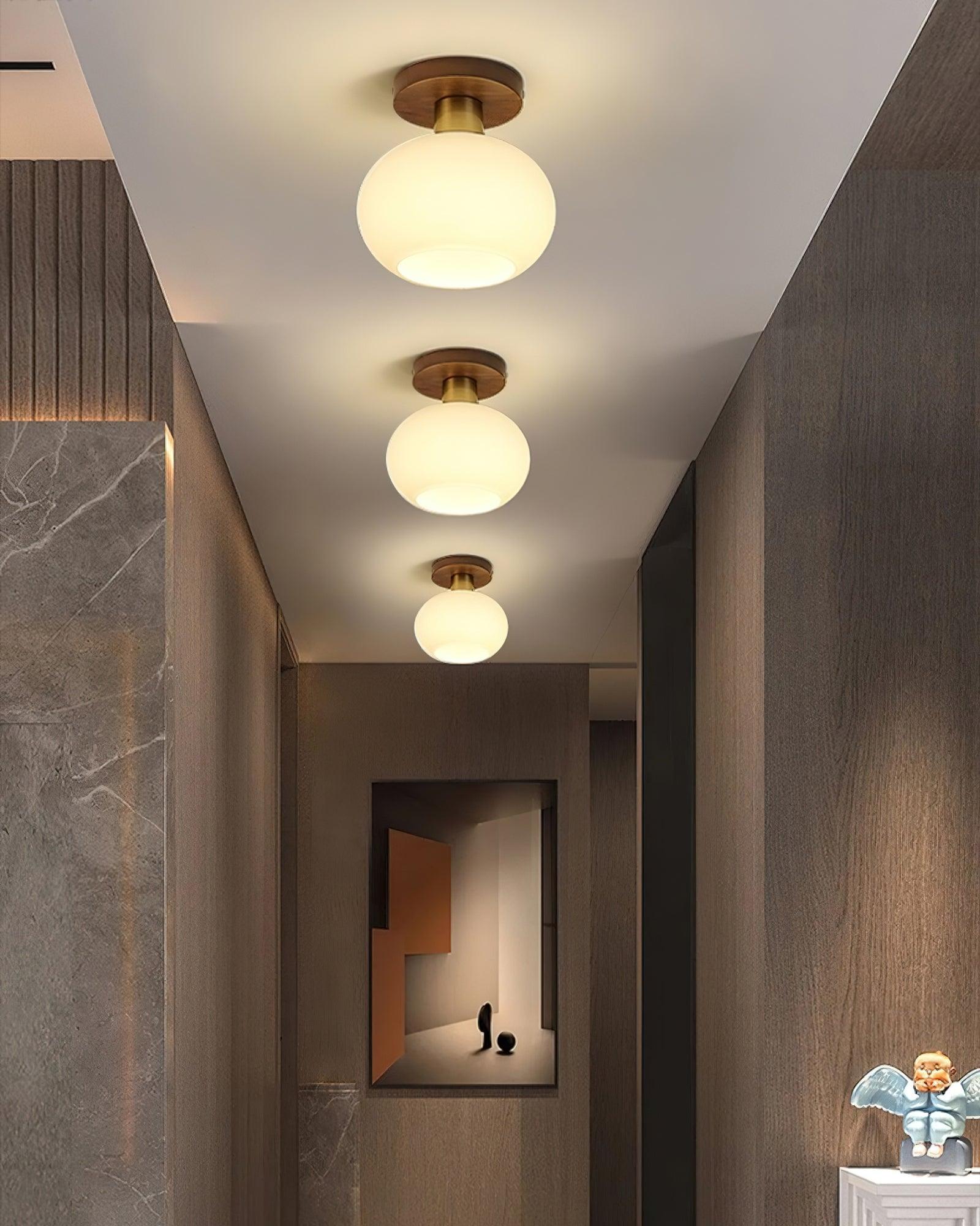 Plafondlamp Walnoot Koper Glas Wit Ø18cm Woonkamer Slaapkamer Gang Opaalbol Plafonnière Retro Sfeerverlichting | Sansoti