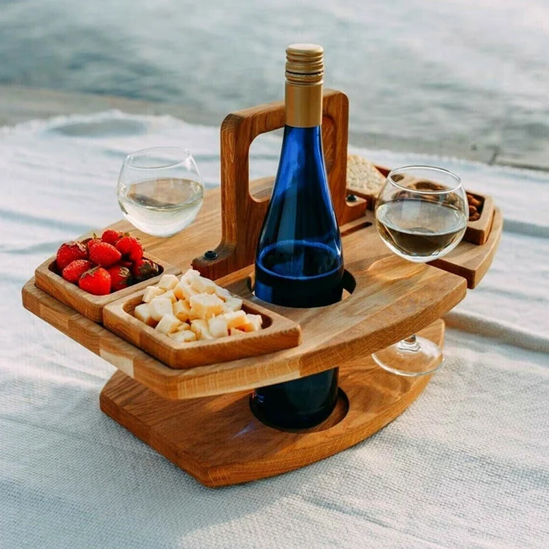 Opvouwbare Houten Wijntafel met Draaggreep voor Picknick Tuin Strand Park Outdoor Camping Balkon Terras | Sansoti