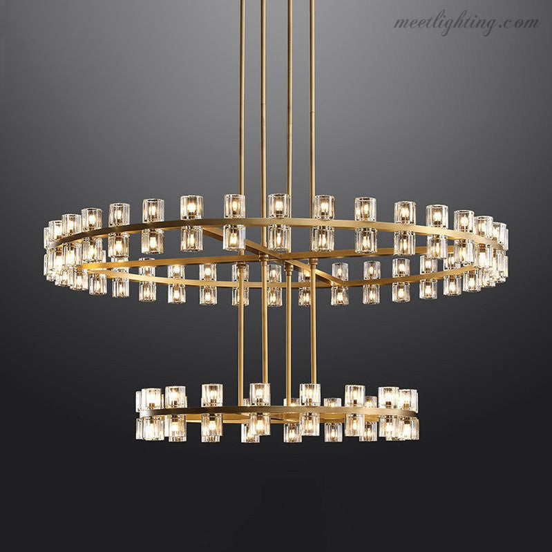 Lustre en cristal à deux niveaux, 152 cm, laiton et verre, suspension luxueuse pour salle à manger et salon | Sansoti