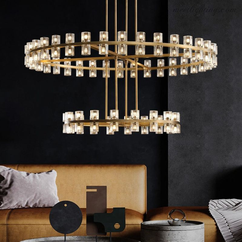 Lustre en cristal à deux niveaux, 152 cm, laiton et verre, suspension luxueuse pour salle à manger et salon | Sansoti