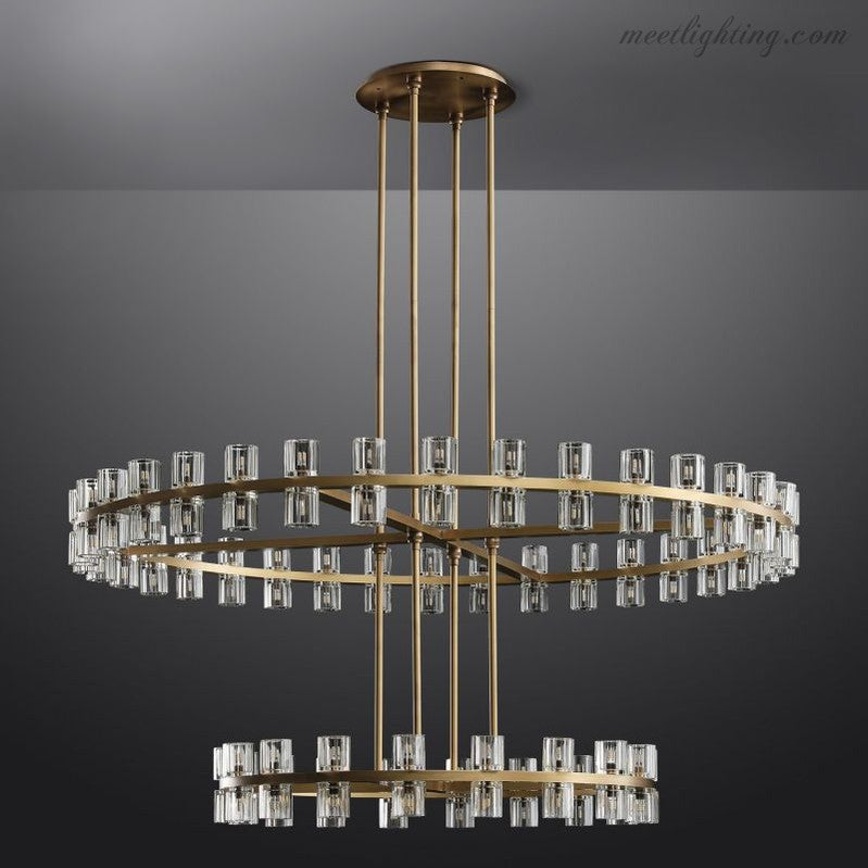 Lustre en cristal à deux niveaux, 152 cm, laiton et verre, suspension luxueuse pour salle à manger et salon | Sansoti