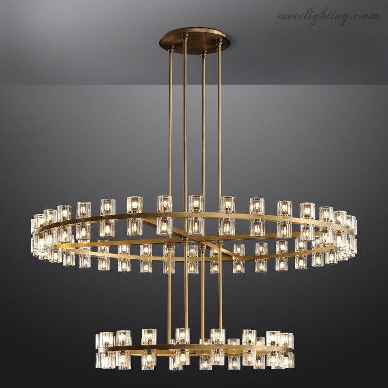 Lustre en cristal à deux niveaux, 152 cm, laiton et verre, suspension luxueuse pour salle à manger et salon | Sansoti