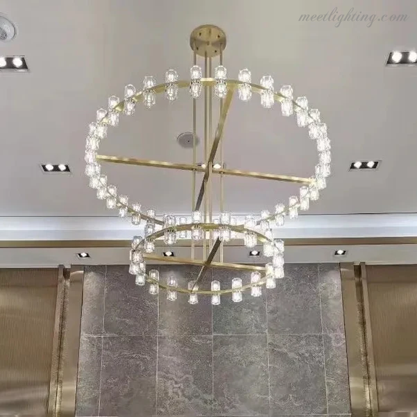 Lustre en cristal à deux niveaux, 152 cm, laiton et verre, suspension luxueuse pour salle à manger et salon | Sansoti