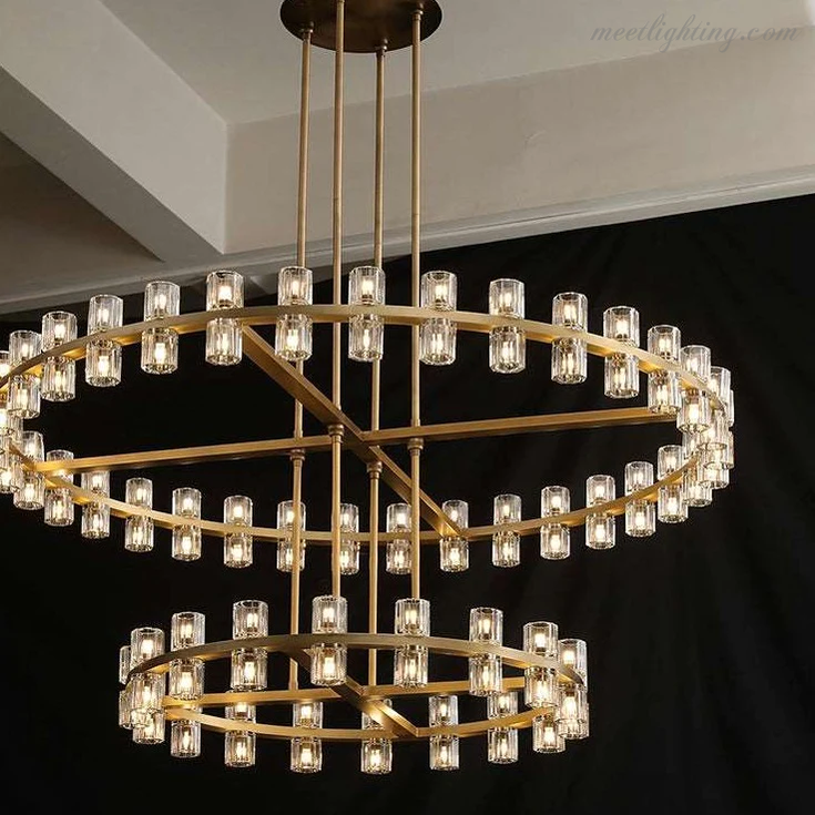 Lustre en cristal à deux niveaux, 152 cm, laiton et verre, suspension luxueuse pour salle à manger et salon | Sansoti